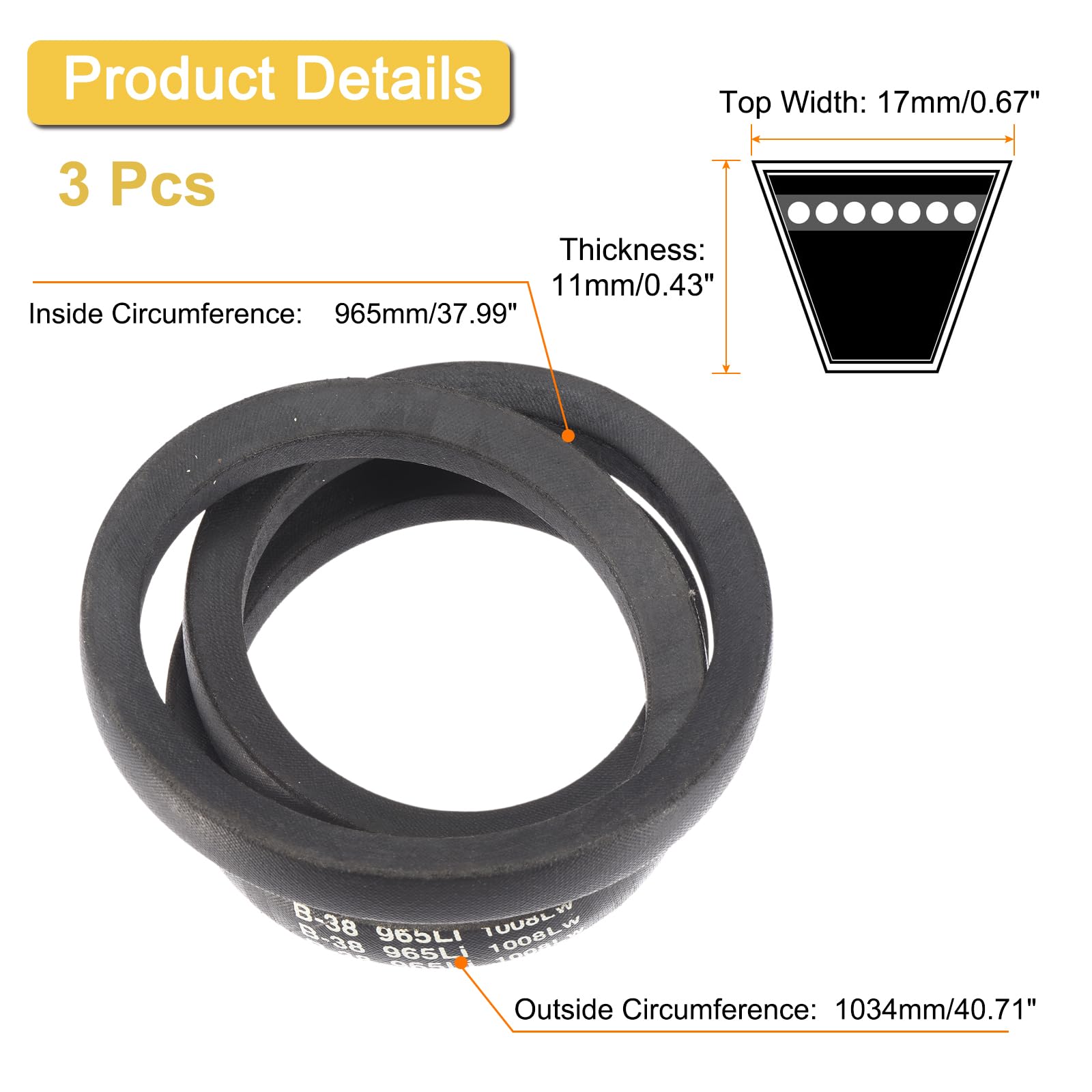 uxcell 3 Pack B38 Classic Wrapped V-Belt, 41