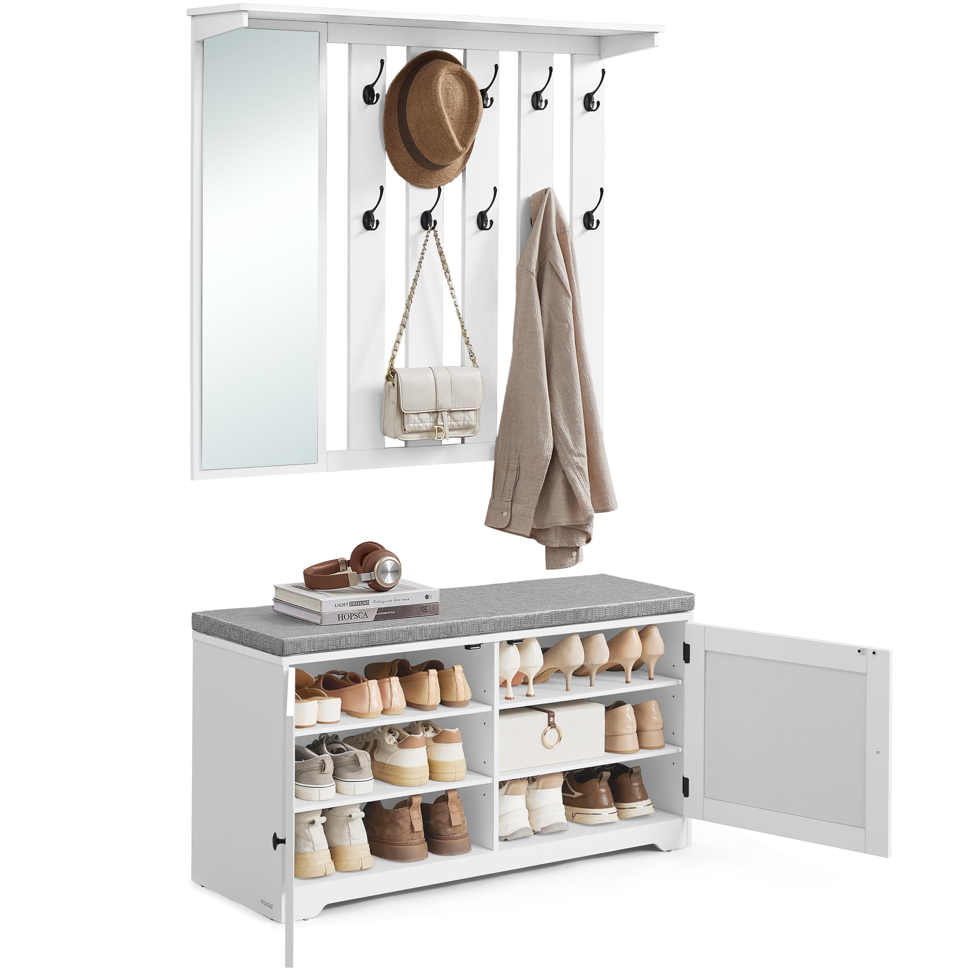 VASAGLE Schuhbank Wandgarderobe Set, Garderobe mit Spiegel, 10 Doppelhaken, Schuhschrank mit verstellbaren Ablagen, Doppeltüren, Sitzbank, Sitzpolster abnehmbar, 101 cm breit, wolkenweiß LSC011W01