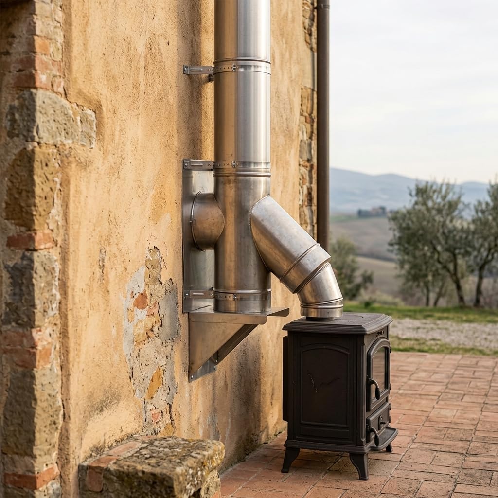 MAKA Raccordo a T 135° Ridotto per Canna Fumaria in Acciaio Inox, Braga con Codolo Ridotto per Stufa a Pellet (Ø 230, codolo Ø 80, AISI 304)
