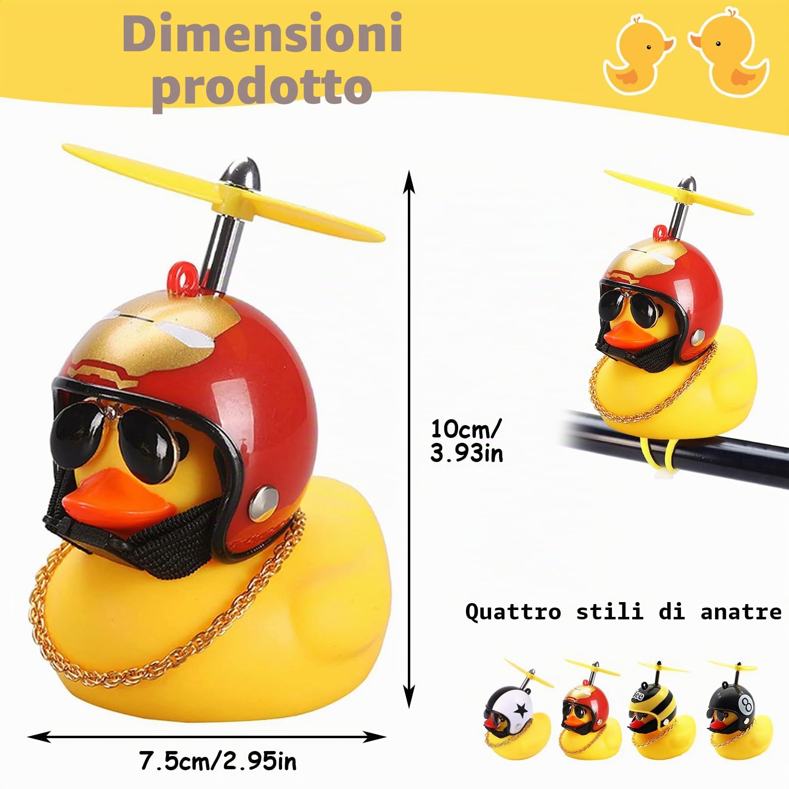 Anatra di Gomma Gialla Giocattolo 4 Pezzi con Casco a Elica e Cinturino per Auto Biciclette Moto