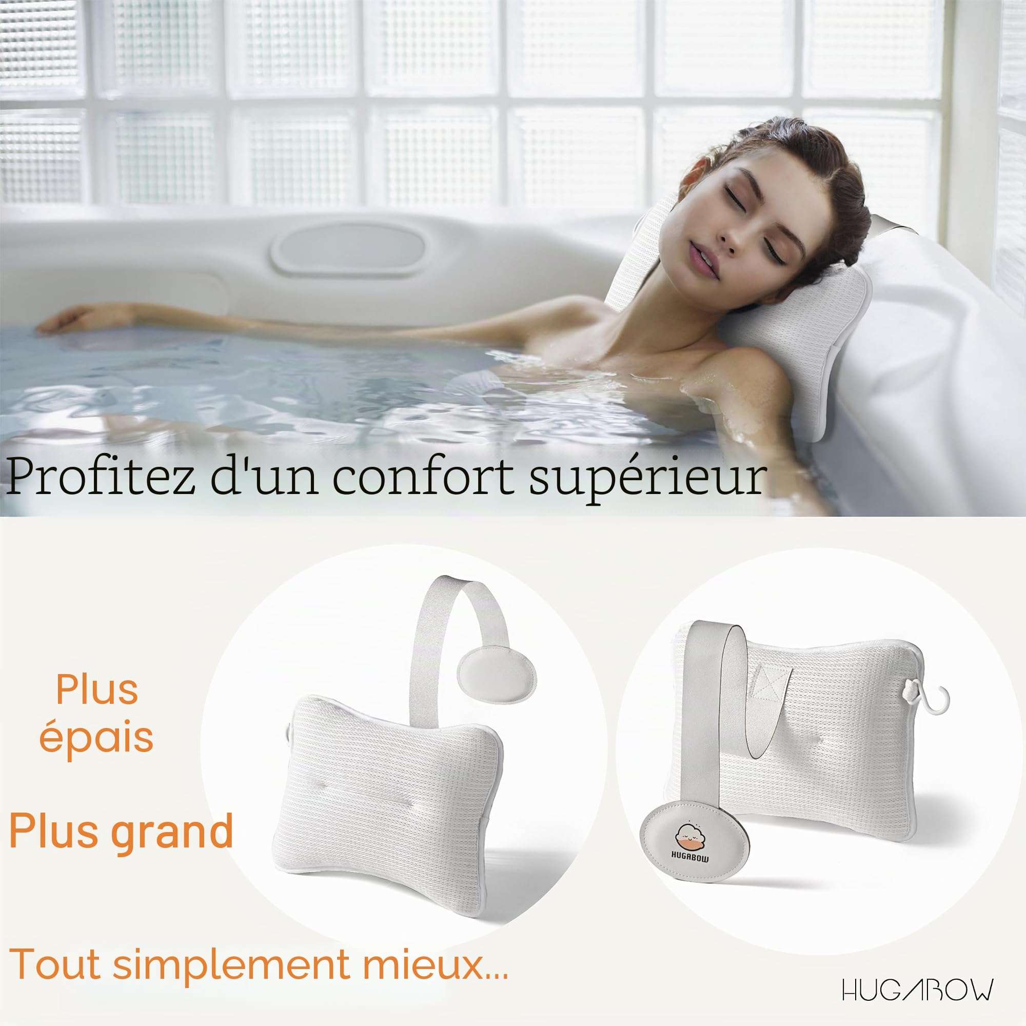 Lot de 2 Grands oreillers pour Jacuzzi, Spa et Chaise Longue – Coussin Universel pour Appui-tête et Cou, Hauteur réglable avec Longue Sangle, séchage Facile avec Crochet (Lot de 2)