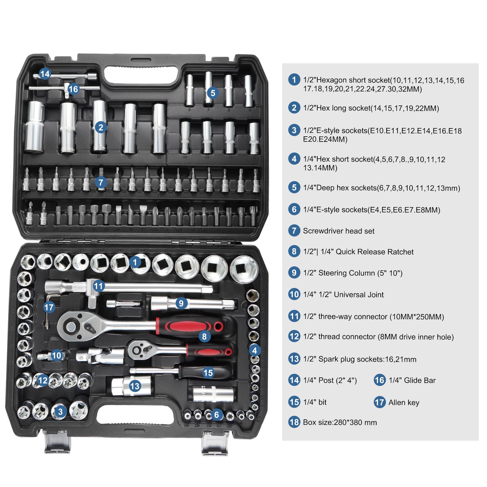 HSEAMALL Set di chiavi a bussola, 108 pezzi, chiavi a cricchetto, chiavi a bussola, set da 1/4" e 1/2", cricchetto reversibile, set di chiavi e inserti per bit, set di inserti per chiavi a bussola