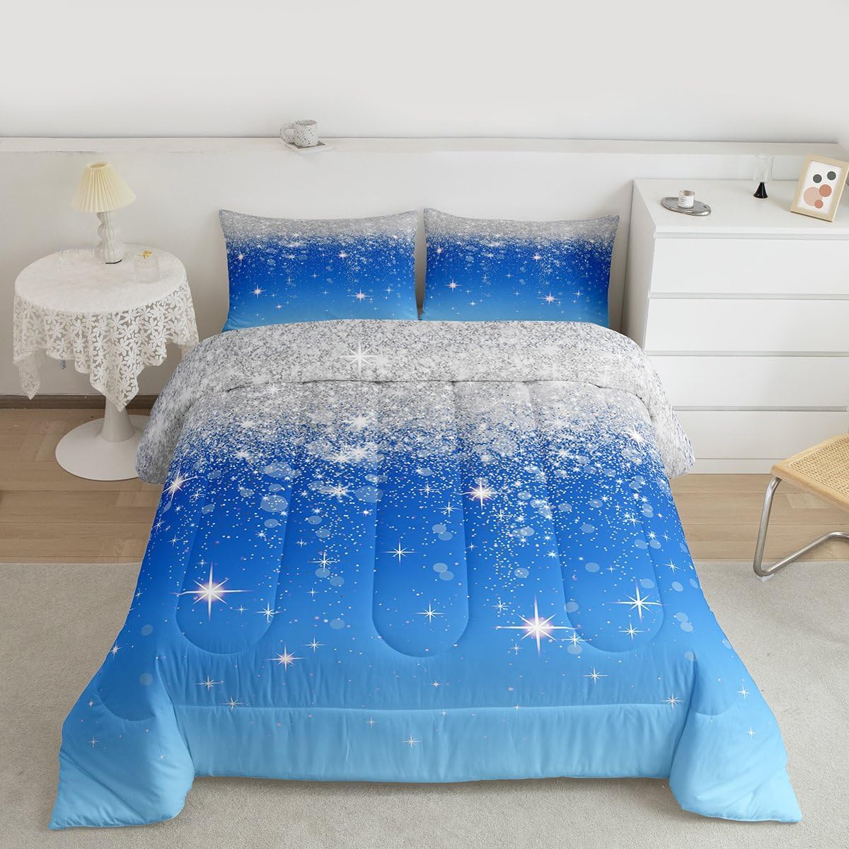 Feelyou Silver Glitter Print (No Glitter) Comforter Bling Party Decorations Bedding Set Diamond Blue Comforter Set for Girls Decor Duvet Set Quilt Queen Size Boys