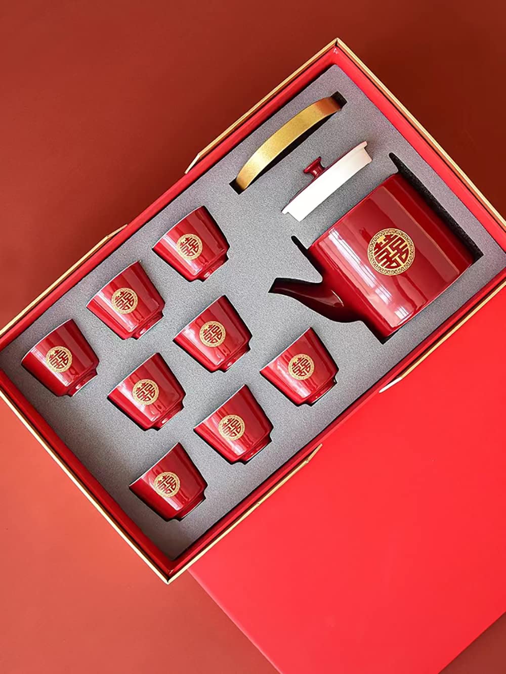 TANFEI Wedding Tea Set, Kung Fu Tea Set, Double Happiness Porcelain Red Wedding Tea Set, Chinese Traditional Wedding Decoration Supplies