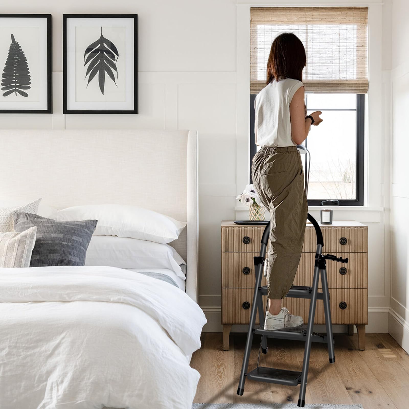 OHMG Escabeau 3 Marches avec Plateforme de Travail, Charge 150 kg Escabeau Pliable, Larges Marche Pied Pliable Antidérapantes, Tabouret en Acier Marche Pied Adulte,Charge 180 kg