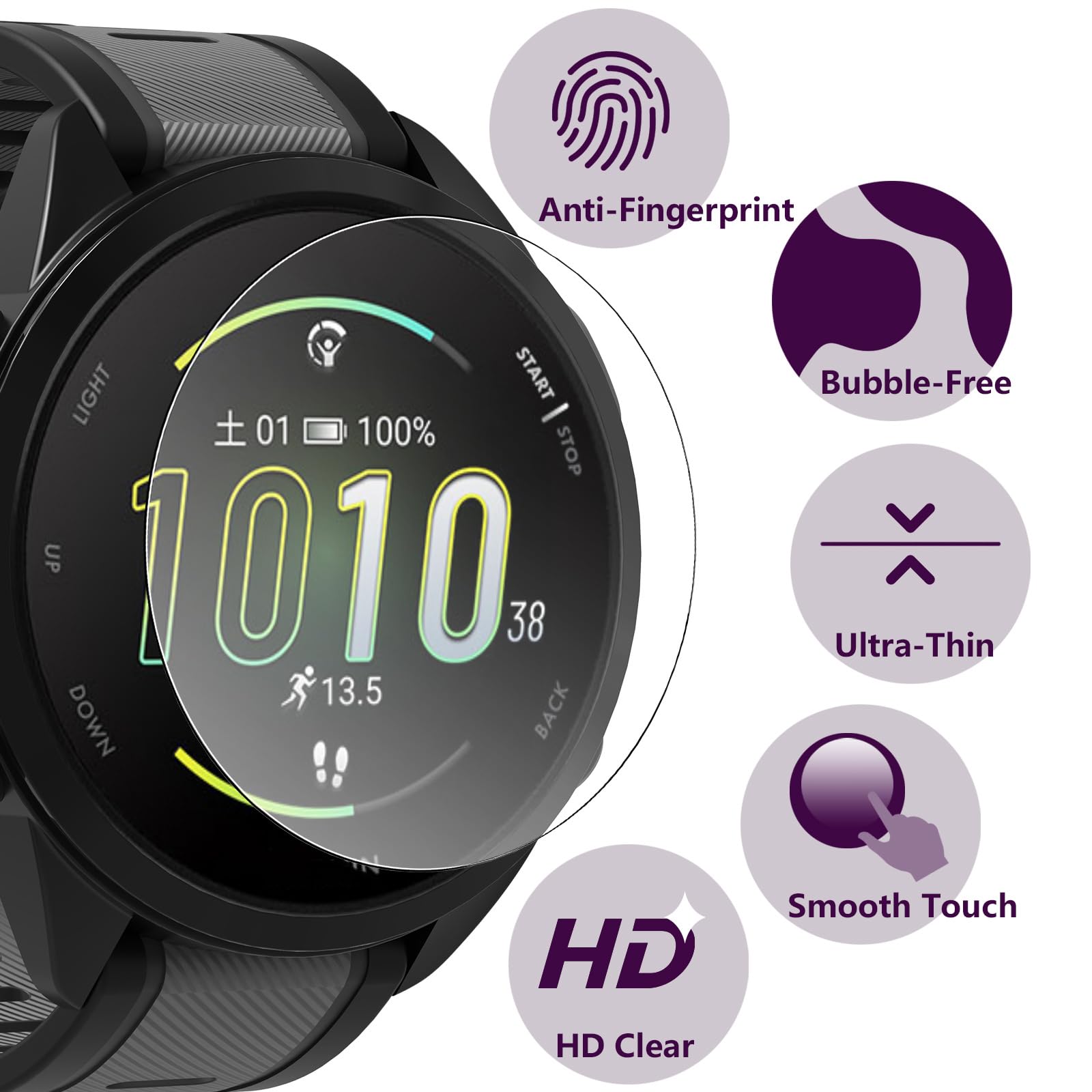 6 Pièces Protection d'écran Compatible avec Garmin Forerunner 165/165 Music, 3D Couverture Complète Film de Protection, HD Clear, sans Bulle, Anti-Rayures