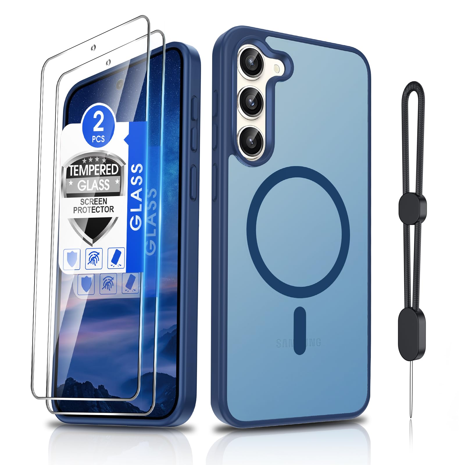 Dizn Magnetic for Samsung Galaxy S23 Phone Case,[Not Fit S23 Plus],S23 Case with Tempered Glass Screen Protector,Strap,[Fit for MagSafe],Military-Grade Protective,Funda para Galaxy S 23,Sapphire Blue