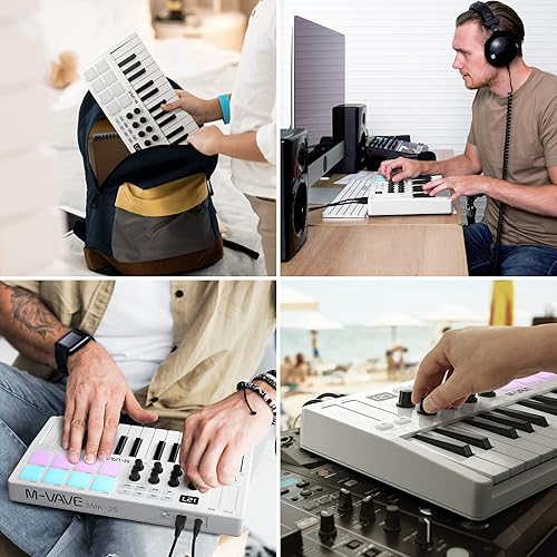 Miniatura 6 de M-WAVE Controlador de teclado MIDI USB de 25 teclas con 8 almohadillas retroiluminadas, teclado dinámico profesional semiponderado Bluetooth, 8