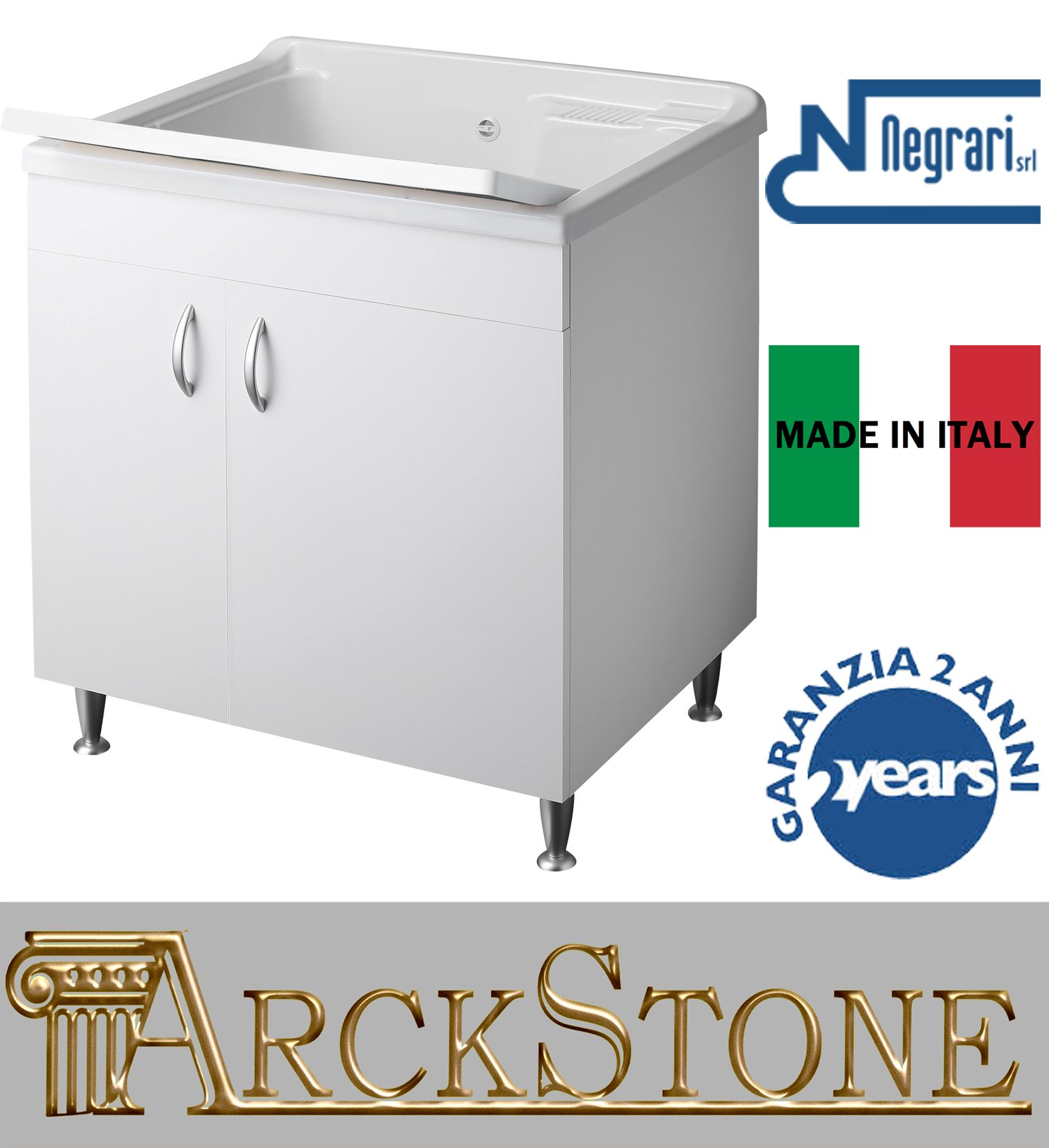 Negrari Eco Bianco Lavatoio 75x60 L75 P60 H85 CM Lavapanni Bagno Lavanderia Base Mobile Nobilitato Idrofugo Legno Vasca Intera Grande Plastica Asse Piedini Ante Battenti Economico Qualità Medio Alta