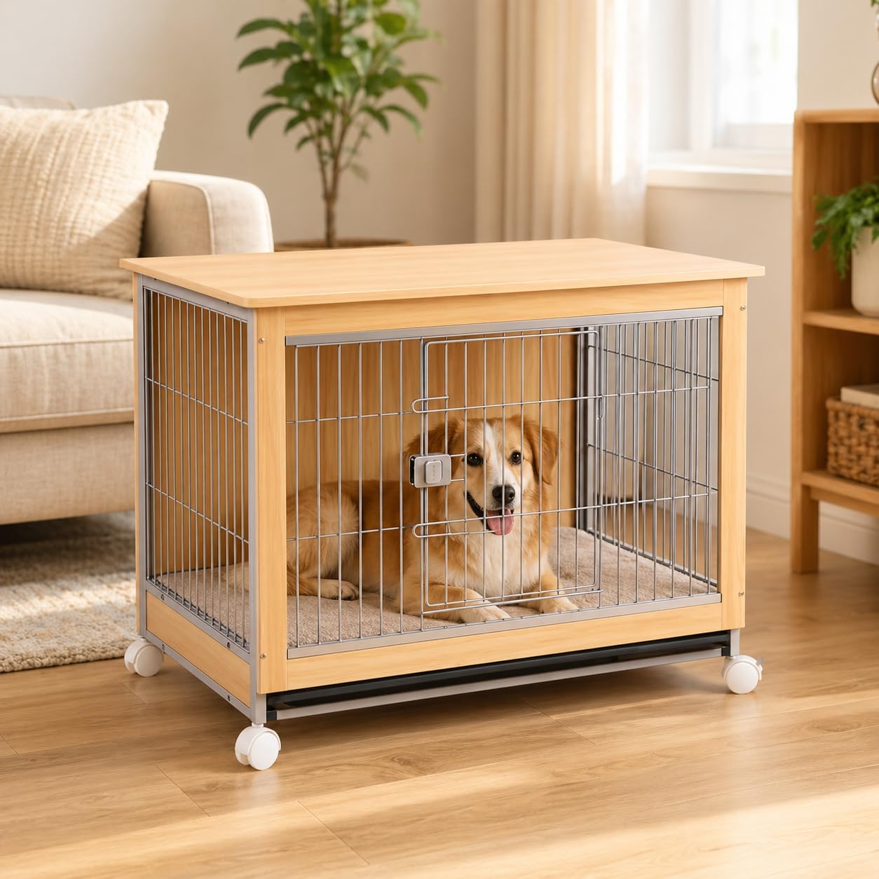 Amazon | N&S ドッグケージ 木製 犬用 ペットケージ 室内用 Lサイズ 外