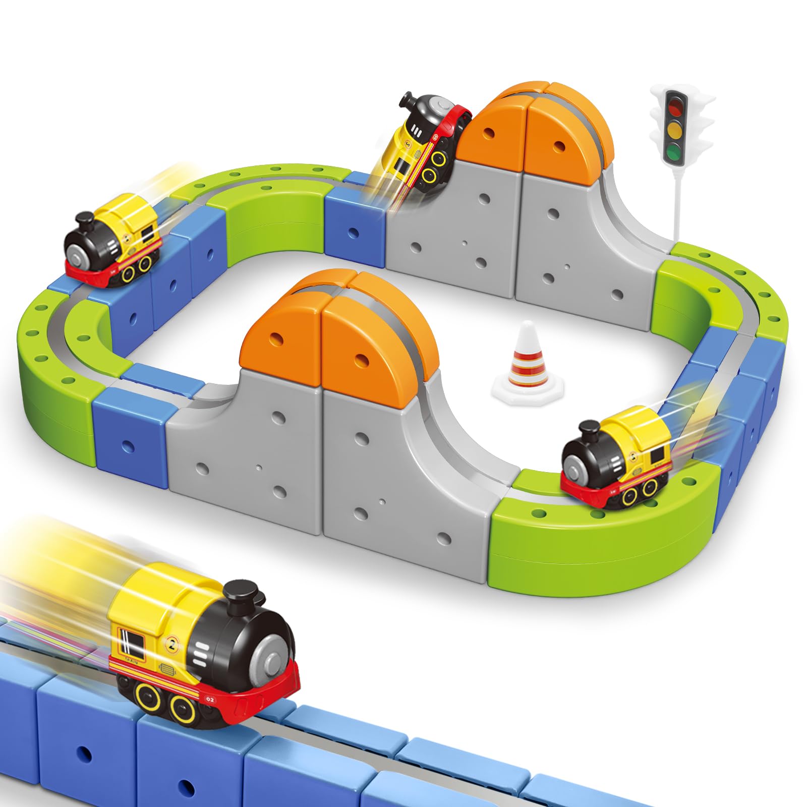 Magnetic Track Car Toys, 55PCS Flexible Race Car Track Sets for Toddlers with Electric Train, Traffic Signs, Kids Train Set Toys for 3 4 5 6 7 8 Year Old Boys Girls Birthday Party Gifts-Small