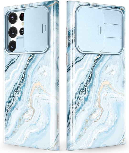 GVIEWIN Designed for Samsung S22 Ultra Case Galaxy with Slide Camera Cover, [Military Grade Drop Protection] Marble Slim Fit Shockproof Protective Phone Case for S22 Ultra 5G 6.8" 2022, Seasalt/Blue