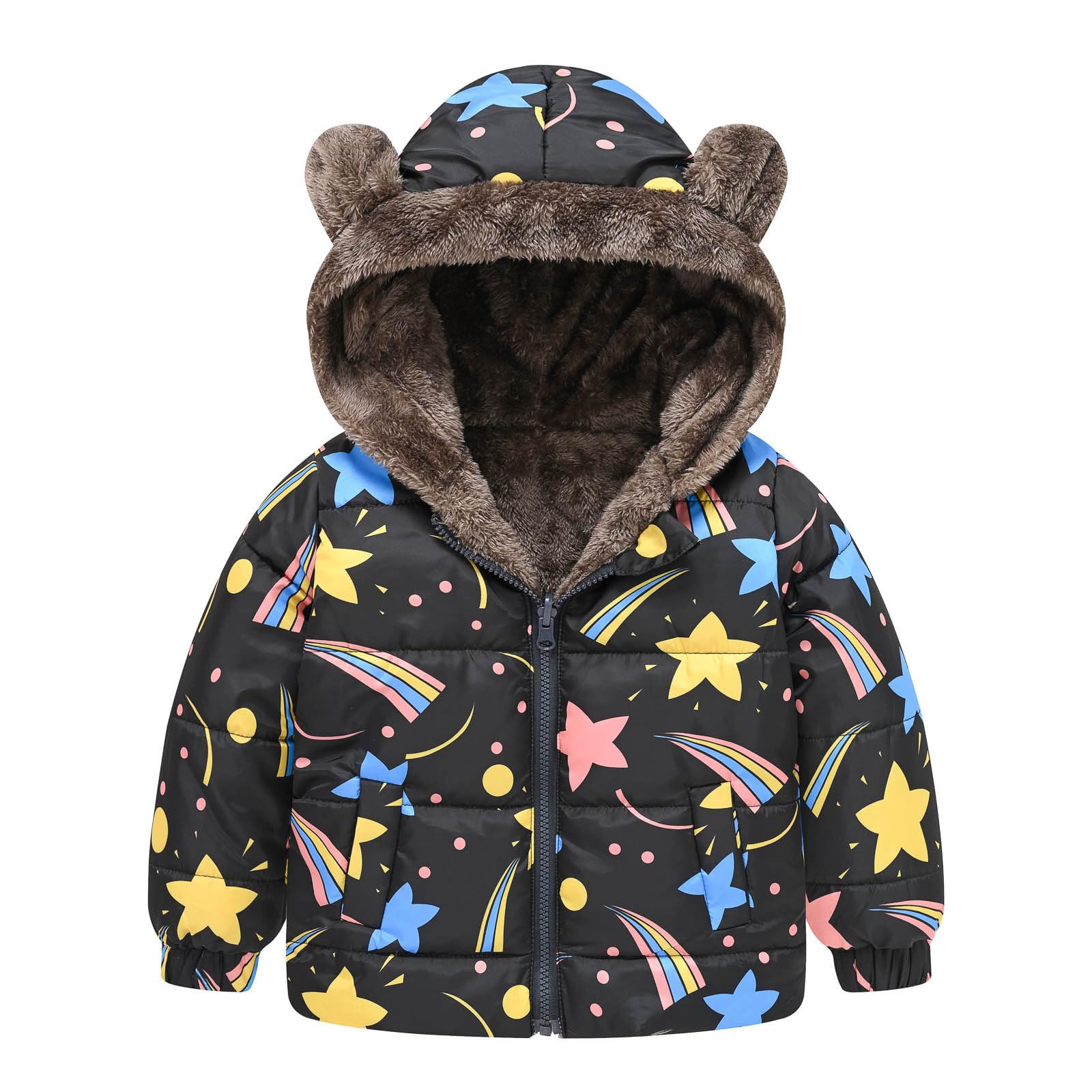 JISDFKFL Thicken Warm Winter Coat Zippers Jackets Plush with Pockets Baby Girl Cute Bear Ear Windproof Fashion Pattern with Sherpa Lining Todder Hooded Padded Outfits Outerwear