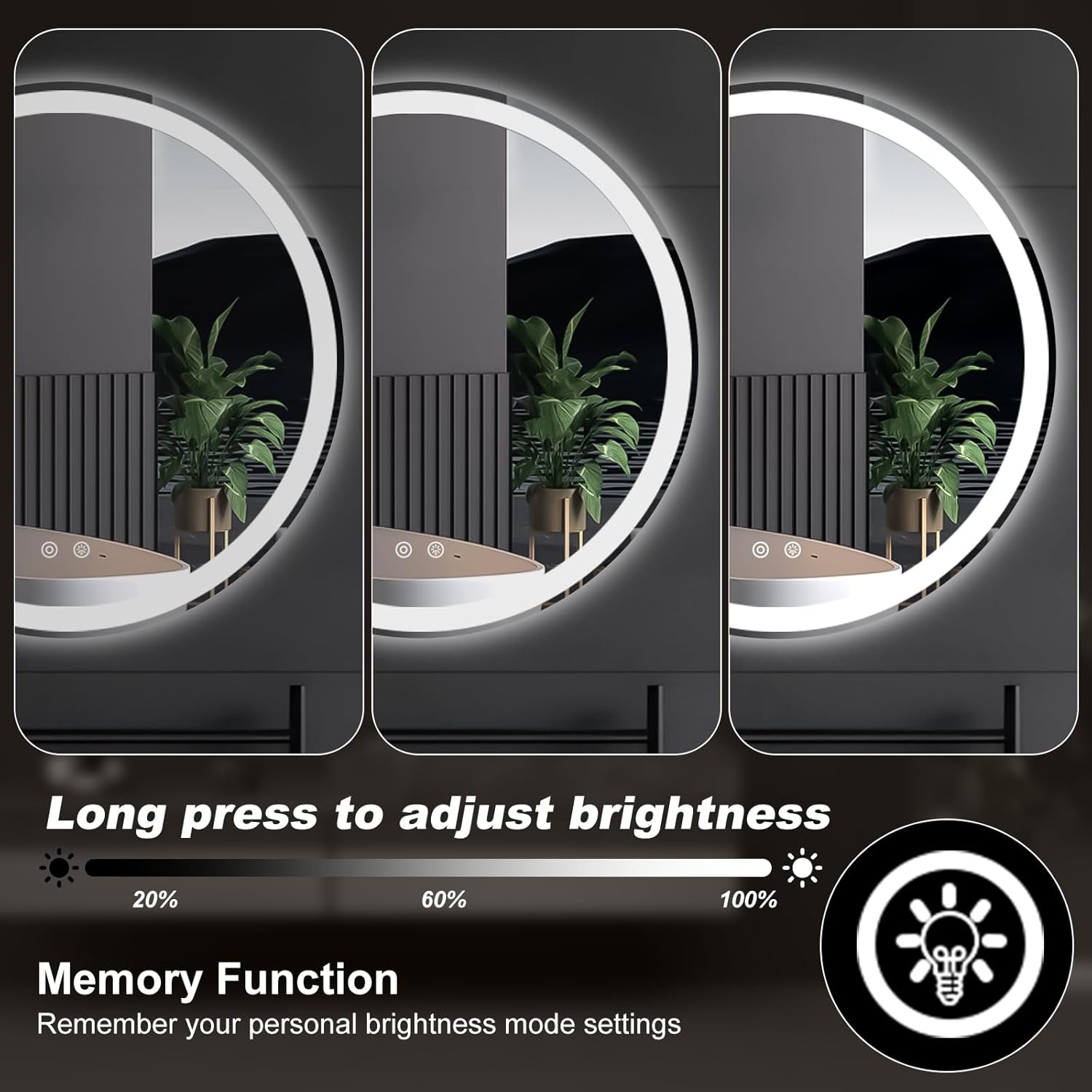 Diagram showing key features of the DUMOS LED mirror: 3 color temperatures, brightness adjustment, memory function, high-definition, explosion-proof, and rapid defogging.