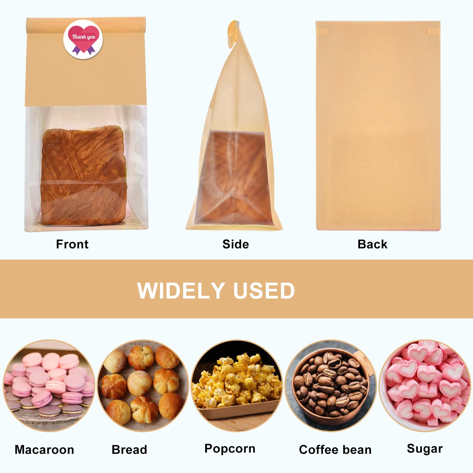 Paquete de 50 bolsas de pan de papel kraft con ventana transparente, bolsas de panadería de 11 x 5.1 x 3.9 pulgadas, bolsas de panadería de estaño, bolsas de pan kraft para embalaje de panes,