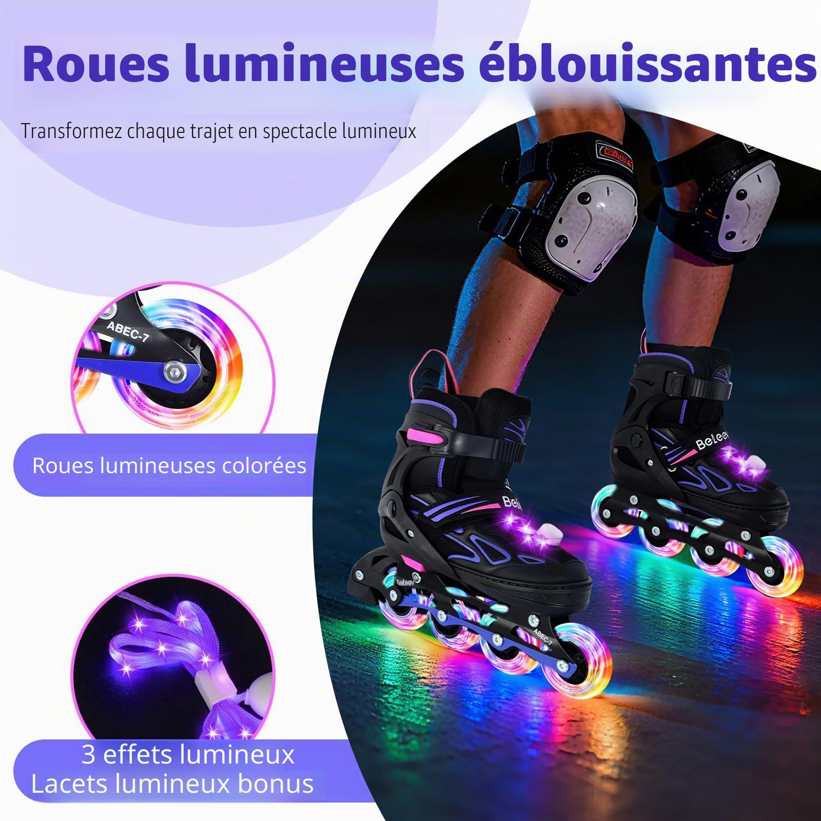 Patins à roulettes Enfant BELEEV 4 Tailles Ajustables Lacets Roues LED Lumineuses Filles Garçons