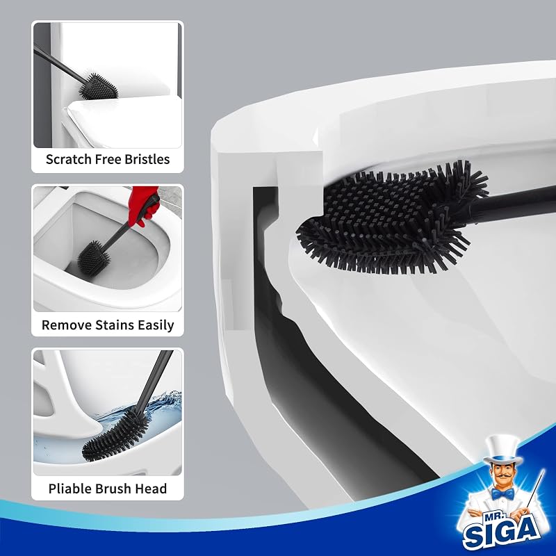 MR.SIGA Fali WC Kefe Tartóval - Fekete Fürdőszobai Toalett Tisztító Kefe Ergonomikus Nyéllel és Szellőző Tartóval