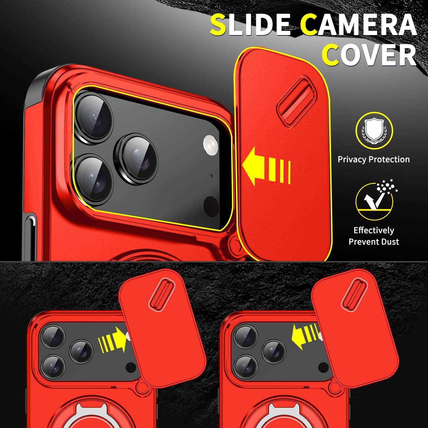 for iPhone 17 Pro Max Case,with Slide Camera Lens Cover+Finger Ring Holder Kickstand,Heavy Duty Shockproof Military Grade Protective Phone Cases (Red) - Image 2