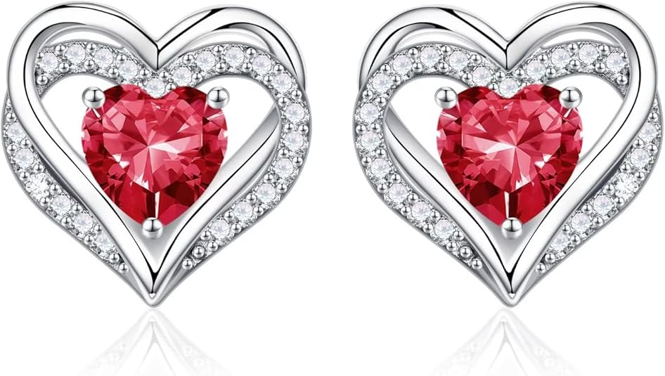 Iefil 925 Sterling Silver Birthstone Heart Stud Earrings