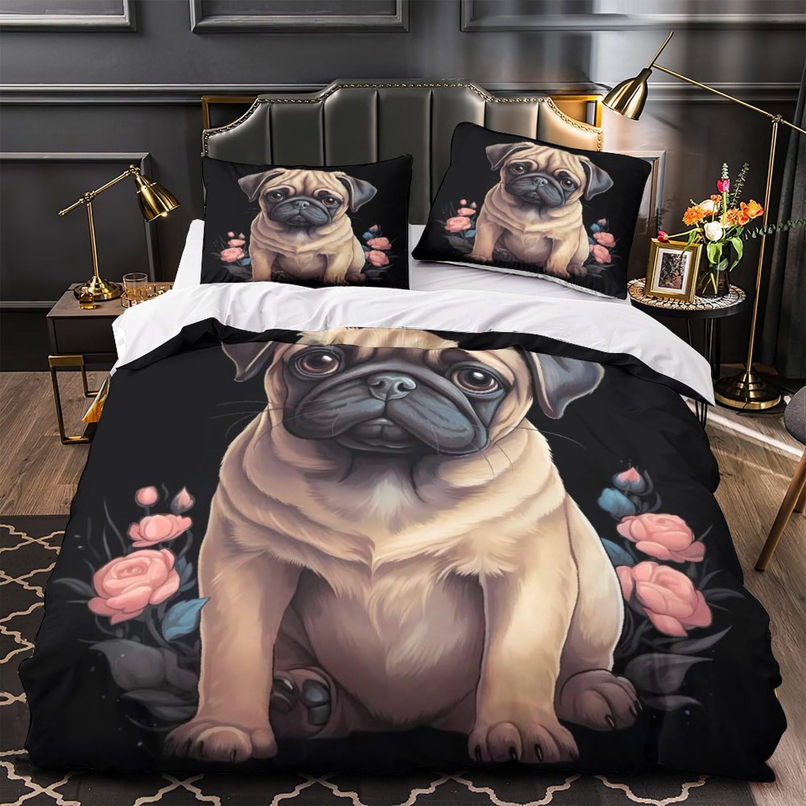 Parure de lit chiot carlin 140x200cm avec housse de couette imprimée 3D