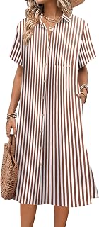 HOTOUCH Womens Shirt Dress Linen Collared Button Down Summer Midi Dresses Casual Loose Short Sleeve Beach Dress with Pockets