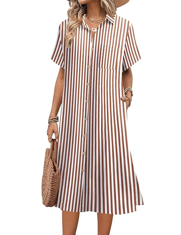 HOTOUCH Womens Shirt Dress Linen Stripe Button Down Short Sleeve Summer Dresses Collared Oversized Casual Loose Midi Dress by HOTOUCH - Used condition - US$33.29