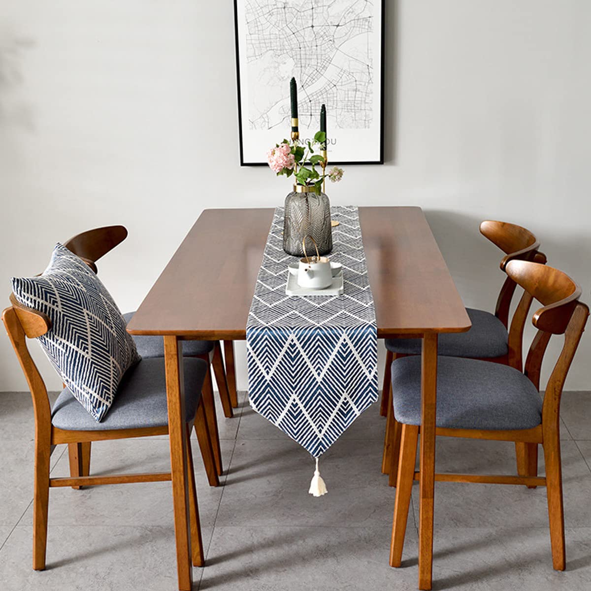 Camino de mesa rústico bohemio con borlas, mantel de granja a rayas para bodas, fiestas, cocina, decoración de mesa de comedor, 12 x 102 pulgadas