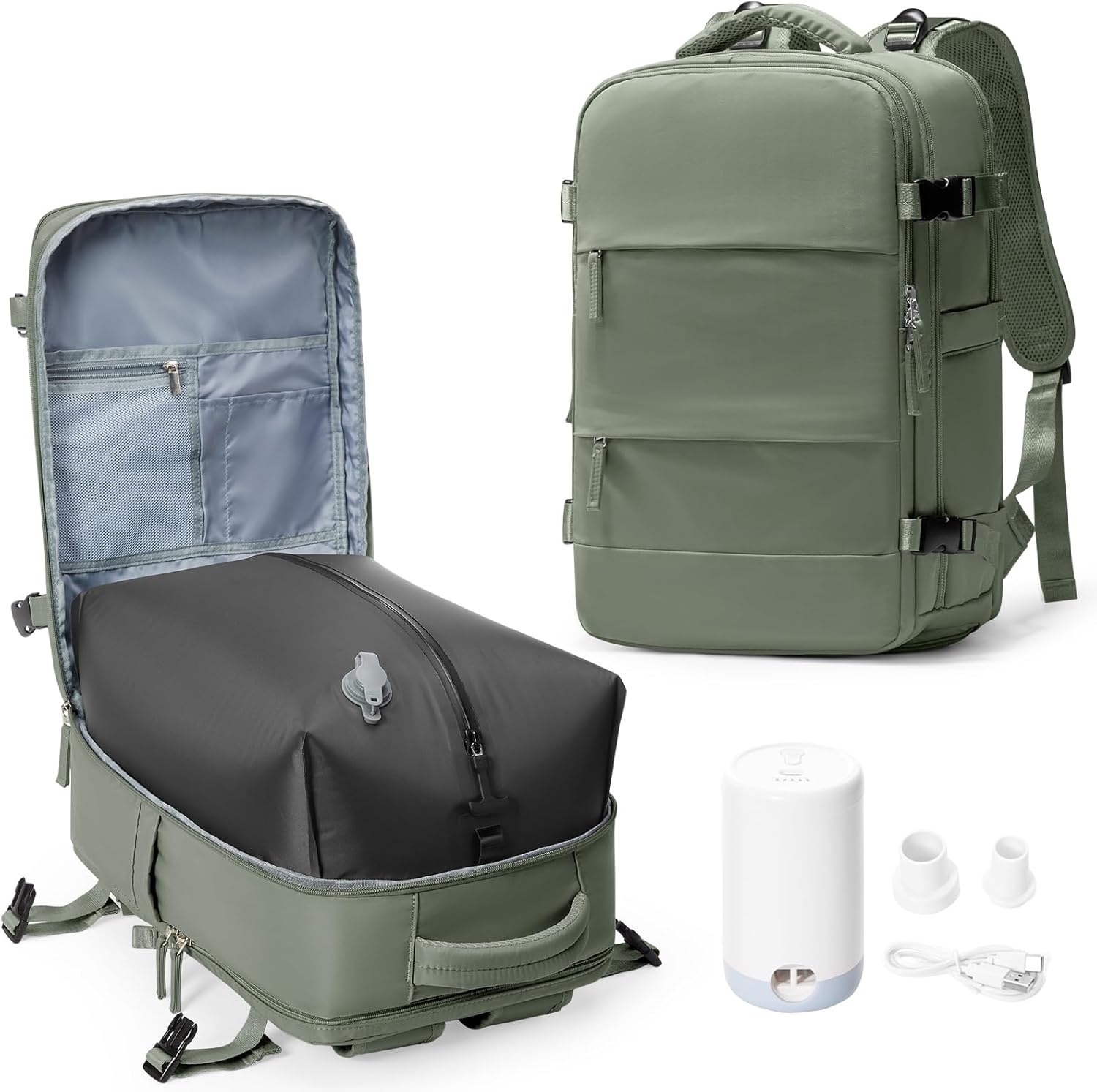 Vacuum Backpack Travel with Electric Vacpack Pump, Vacuum Compression Bags Travel Backpack for Women Men, Flight Approved Waterproof Carry on Backpacks Laptop Work Weekender Daypack, Large, Green