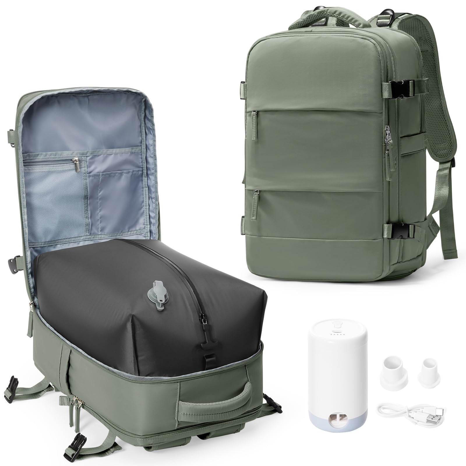 Vacuum Backpack Travel with Electric Vacpack Pump, Vacuum Compression Bags Travel Backpack for Women Men, Flight Approved Waterproof Carry on Backpacks Laptop Work Weekender Daypack, Large, Green