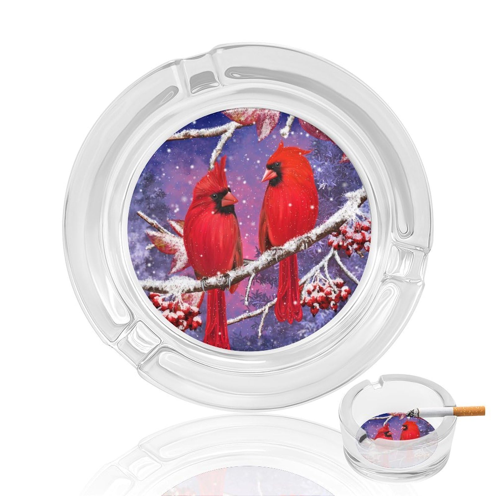 Bird Snowy Red Cardinal Ashtray Portable Round Glass Outdoor Ash Tray for Home Office Garden Pub