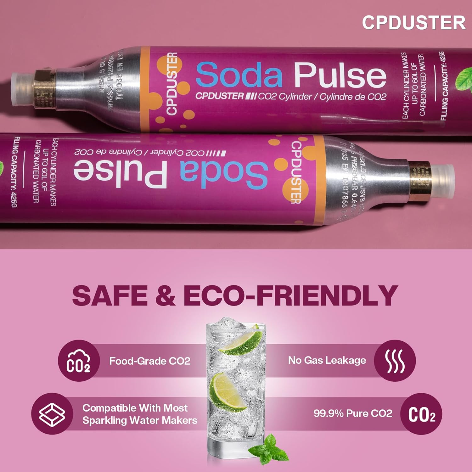 CO2 Cylinders Refill 60L - Threaded CO2 Cartridges for Screw-In Soda Makers Compatible with Most Sparkling Water Machines (1 Pack)