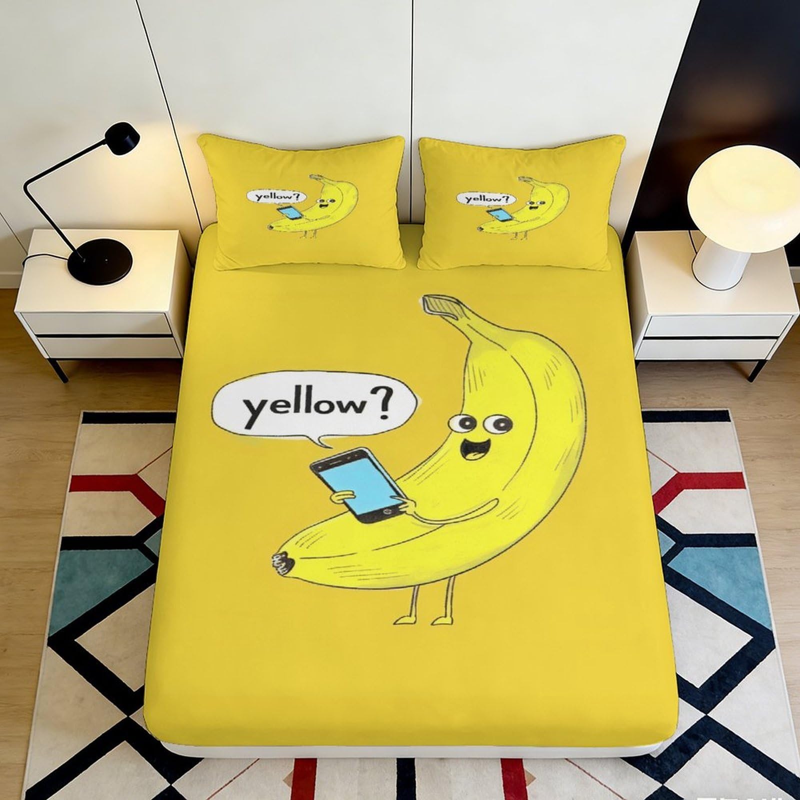 3D Printed Banana Cartoon Fitted Sheet Microfiber Non-Slip Deep Pocket Banana Mattress Fitted Cover for Bedroom Bedding 90x200x25cm