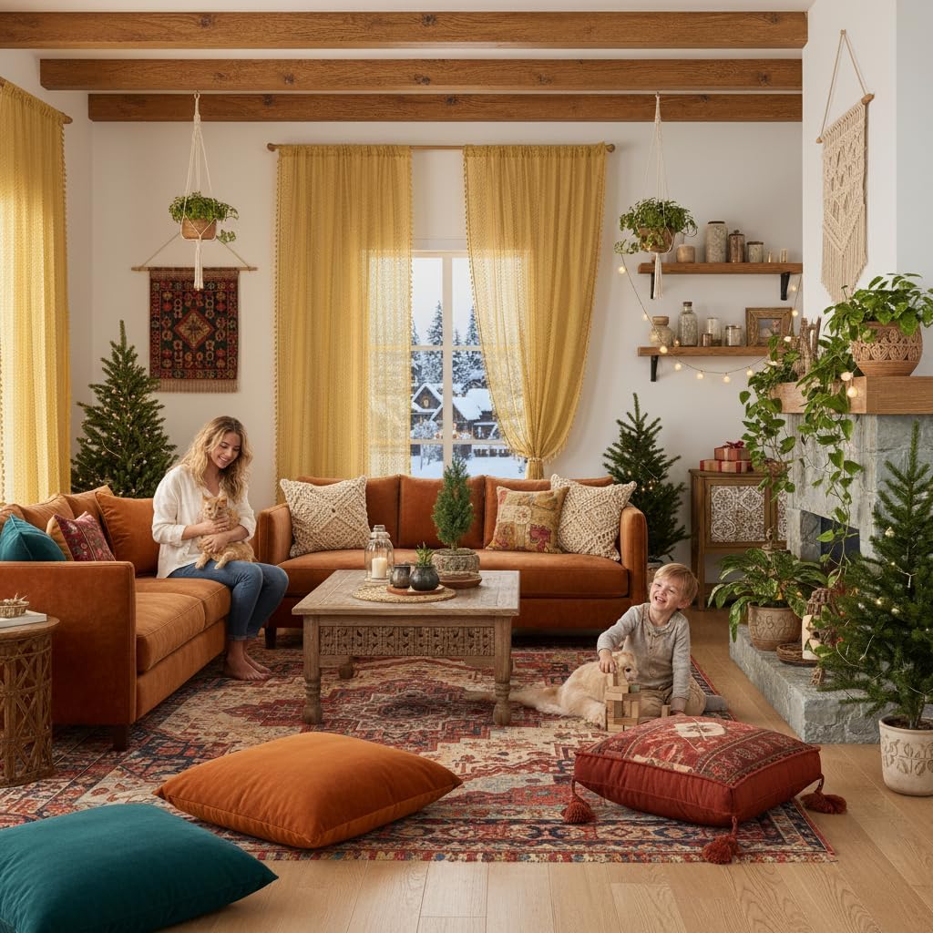 Boho Lace Curtains 84 Inches 2 Panel,Light Filtering Privacy Tassel & Geometry Crochet Semi Sheer Curtain Drapes for Bedroom Living Dining Room,Rod Pocket & Tassel,Mustard Yellow