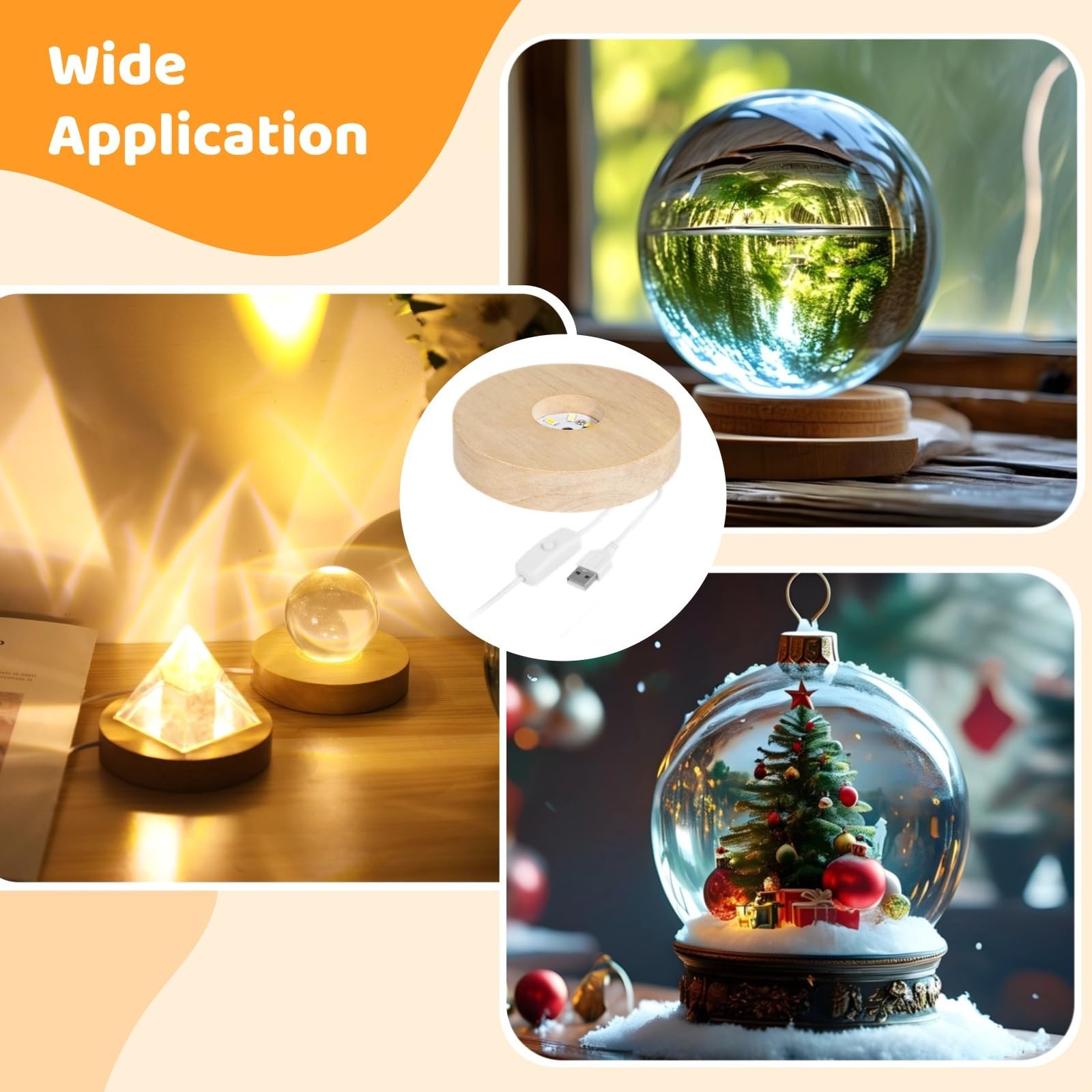 3 modalità di illuminazione, espositore in cristallo, alimentato tramite USB, decorazione per la casa, artigianato, vetro artistico per, basi luminose a LED in legno, 8 pezzi, altezza 2 cm