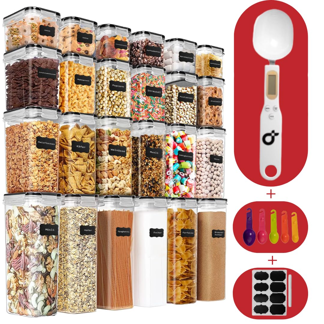 Juego de 24 cajas de almacenamiento de cocina con cuchara digital para guardar cereales, herméticos, sin BPA, caja de plástico de 42 litros con tapa