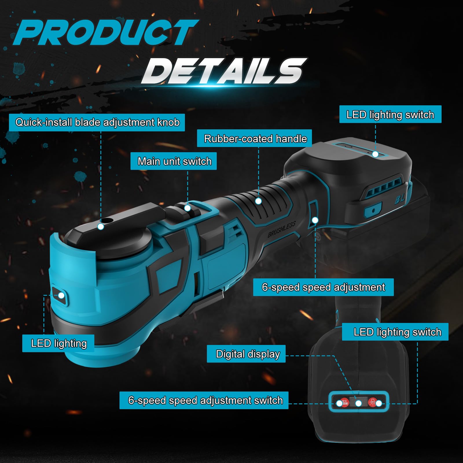 Roadtime Herramienta multifunción con batería para Makita de 18 V baterías (sin batería), herramienta oscilante DIY con 15 accesorios, sin escobillas, 6 velocidades variables, 10000-20000 RPM