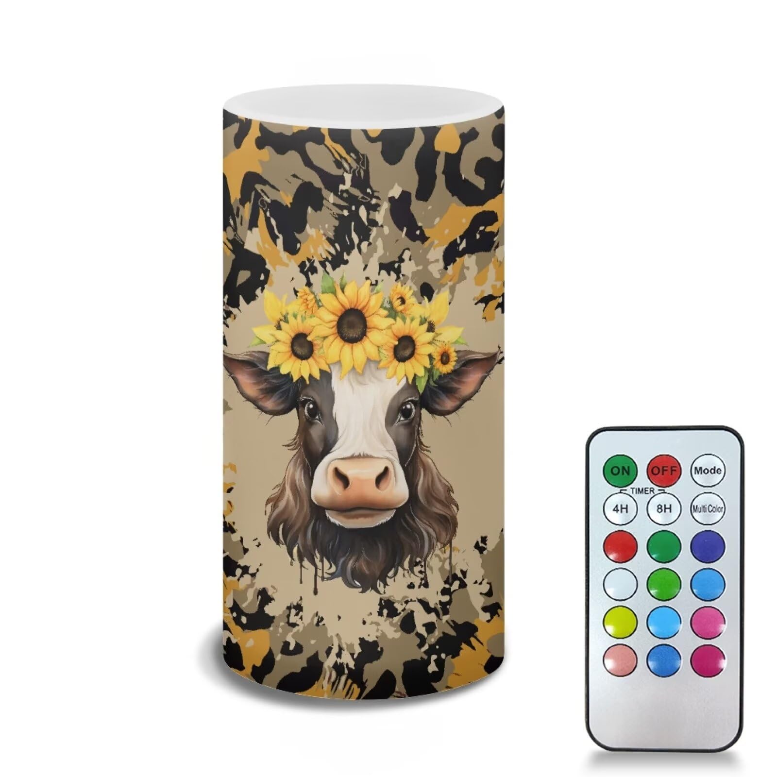 Poceacles Cow Sunflower Pattern LED Flameless Candles with Remote and Timer, Battery Operated Fake Flickering Candles for Home Wedding Decor