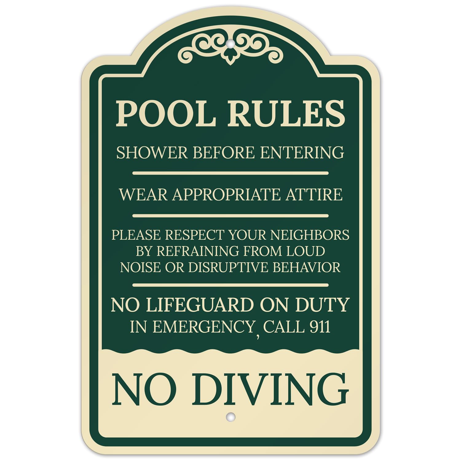 Pool Rules Shower Before Entering No Lifeguard On Duty in Emergency Call 911 Sign, Green Dark, 12x18 Inches, ACM, Fade Resistant, Made in USA by Sigo Signs-image-20