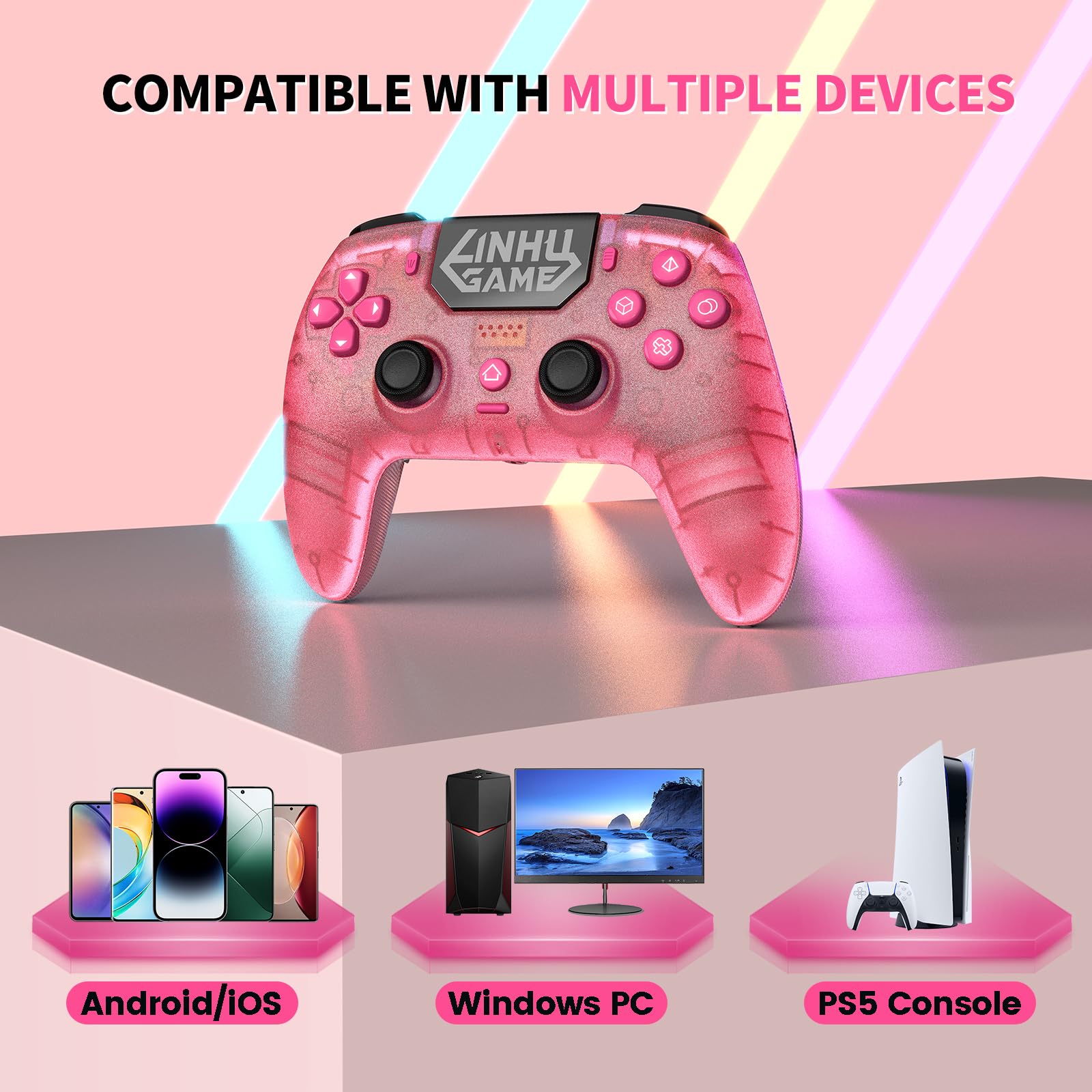 linhugame Controller wireless per P5/Pro/Slim/PC, con guscio trasparente/luce nastro RGB/Joyticks effetto Hall e trigger/Macro/Turbo/jack audio da 3,5 mm/altoparlante e microfono/gamepad batteria