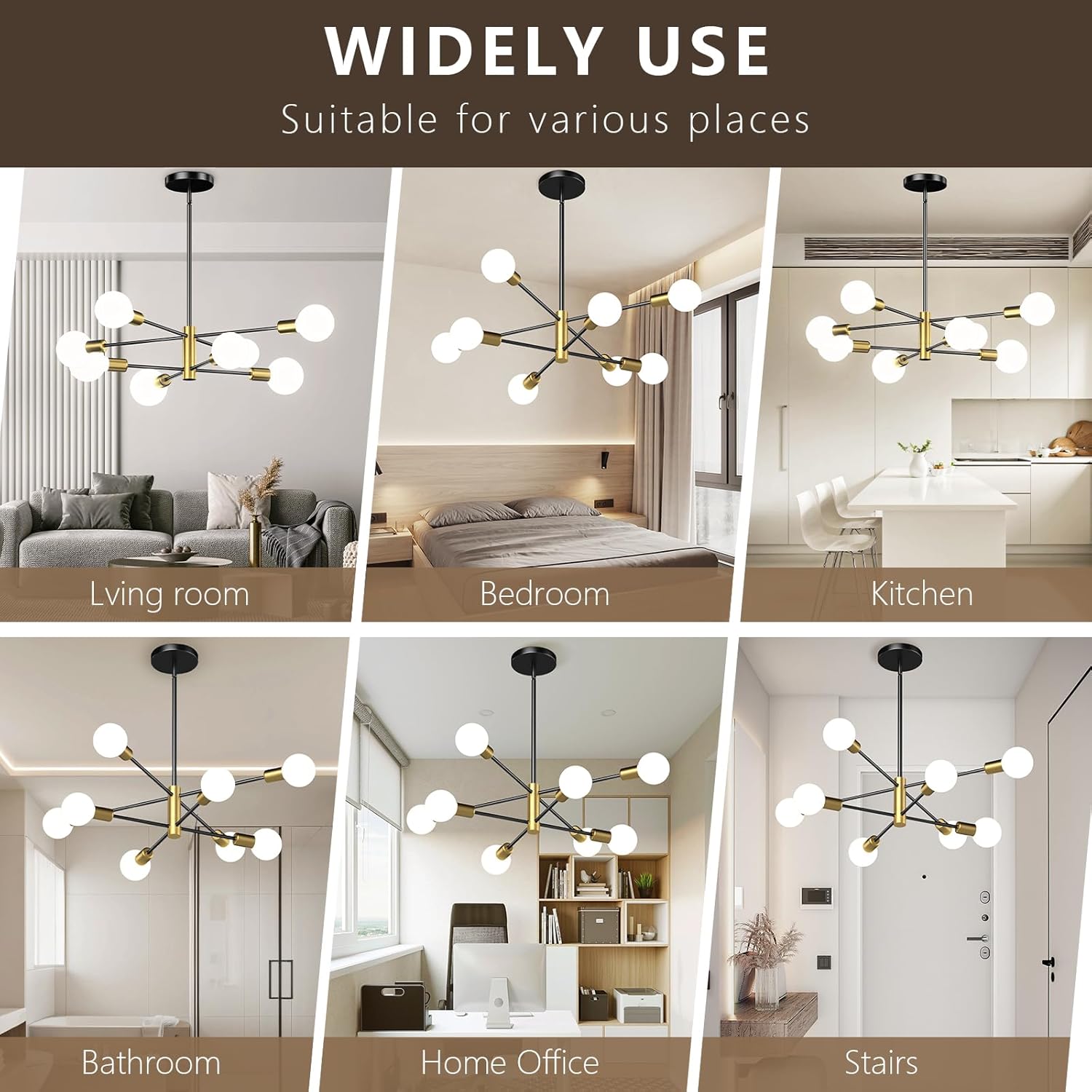 Modern Sputnik Chandelier, Ceiling Light Fixture Flush Mount 8-Light Black and Gold Chandeliers for Living Room Bedroom Dining Room Kitchen, Mid Century Chandeliers, E26 Base,(Bulbs Not Included)