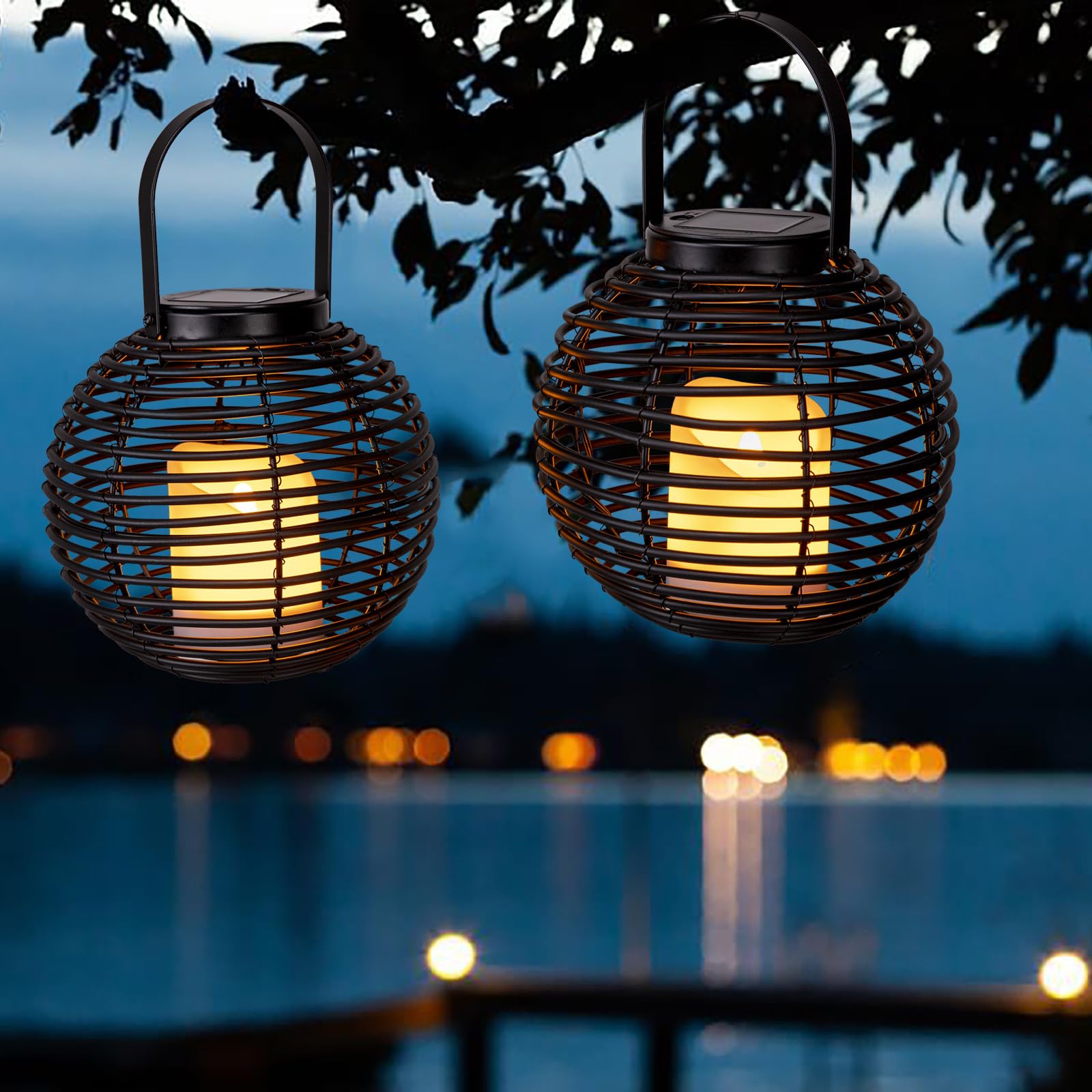 Solar Lanterns Outdoor Waterproof with Flameless Flickering LED Pillar Candle, Large Globe Hanging Decorative Candle Chandelier Lights for Porch, Table, Floor or Patio Home Decor-2Pack