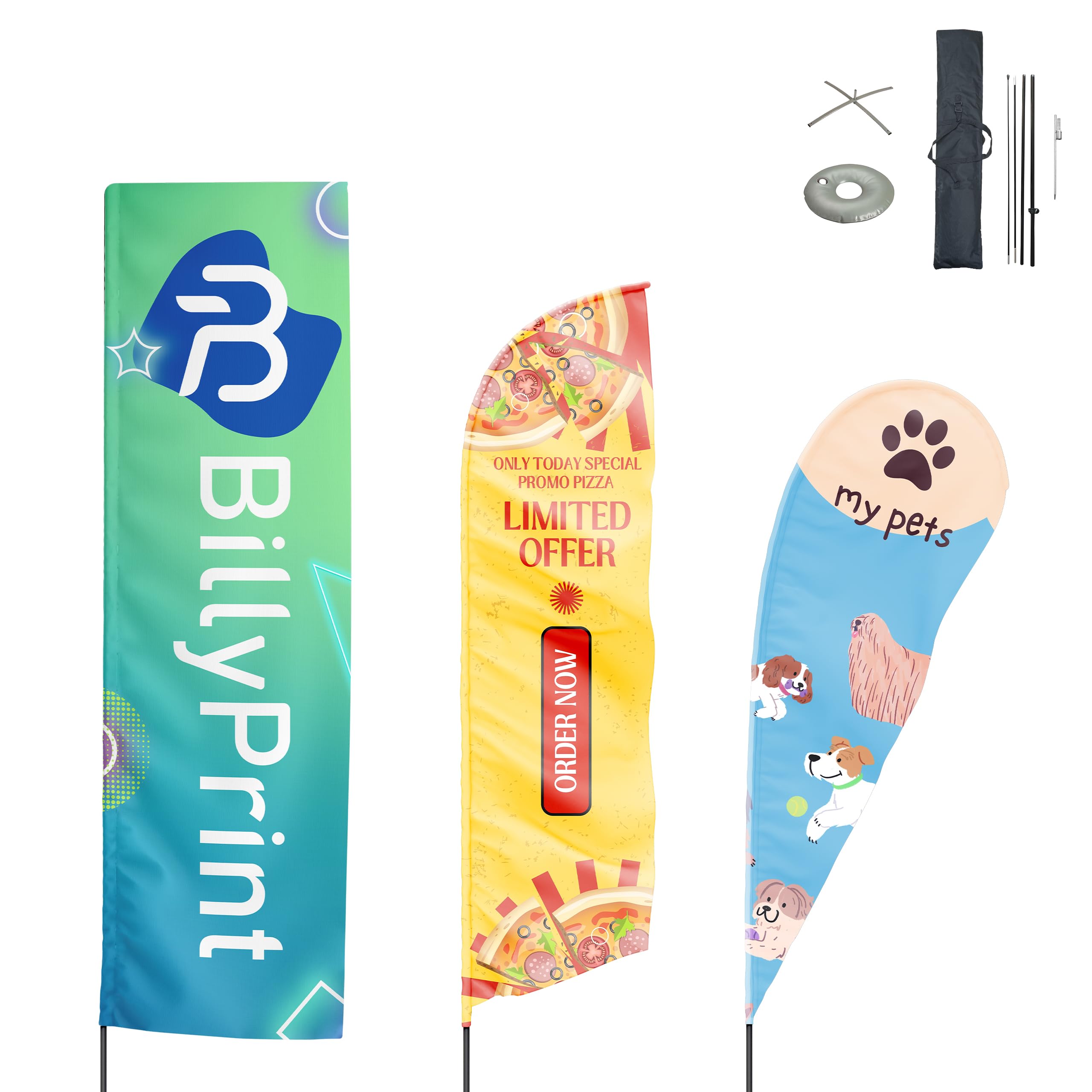 Custom Feather Flag with Pole Kit - Personalized Feather Flags for Business Advertising - Add Your Logo & Design - Choice of FRP Pole, Ground Spike or