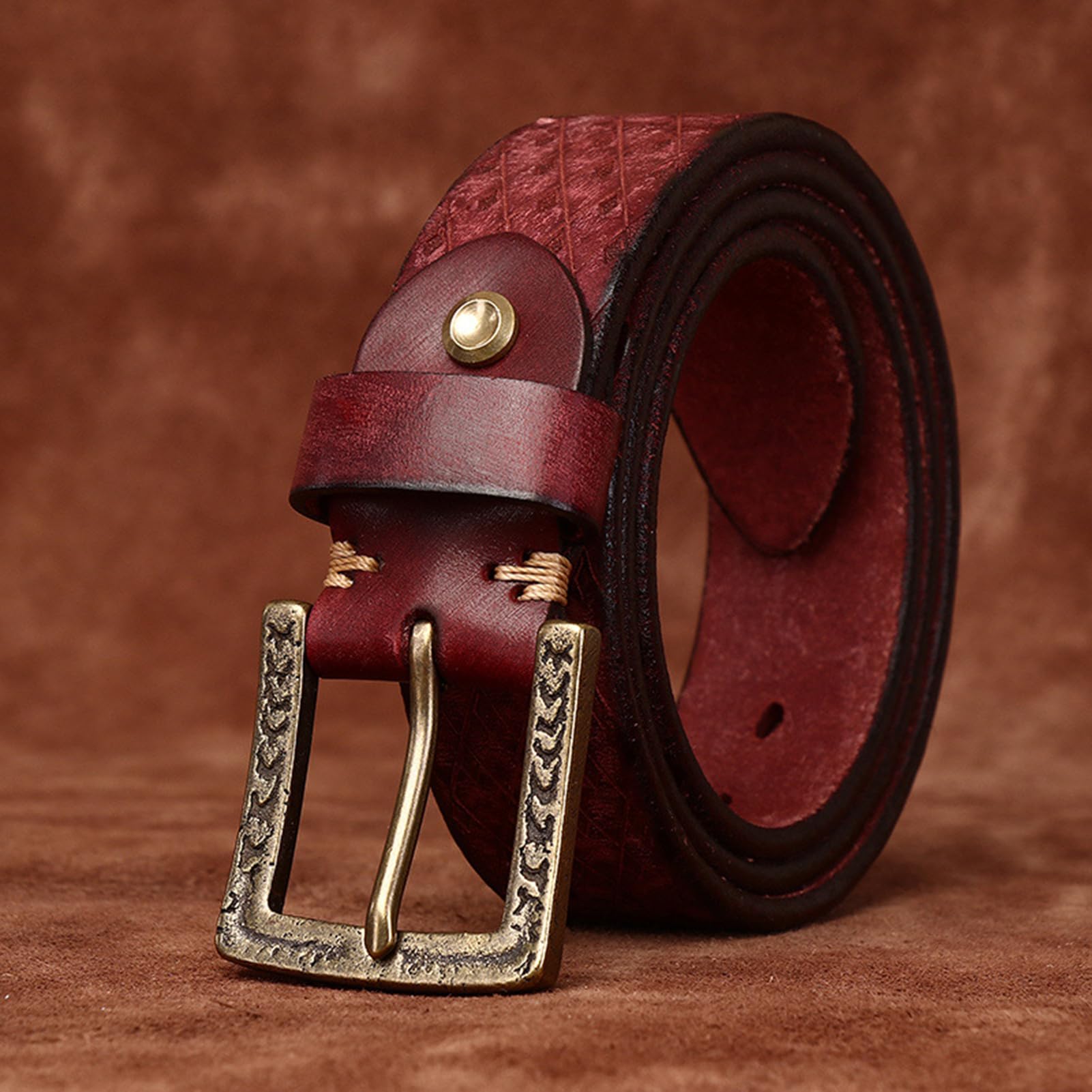 Ledergürtel, 5,5 mm, Dickes Vollnarbenleder, Herrengürtel mit Rautenmuster und geprägtem Argyle-Muster, mit Schnalle mit hoher Härte, verpackt in Einer Box