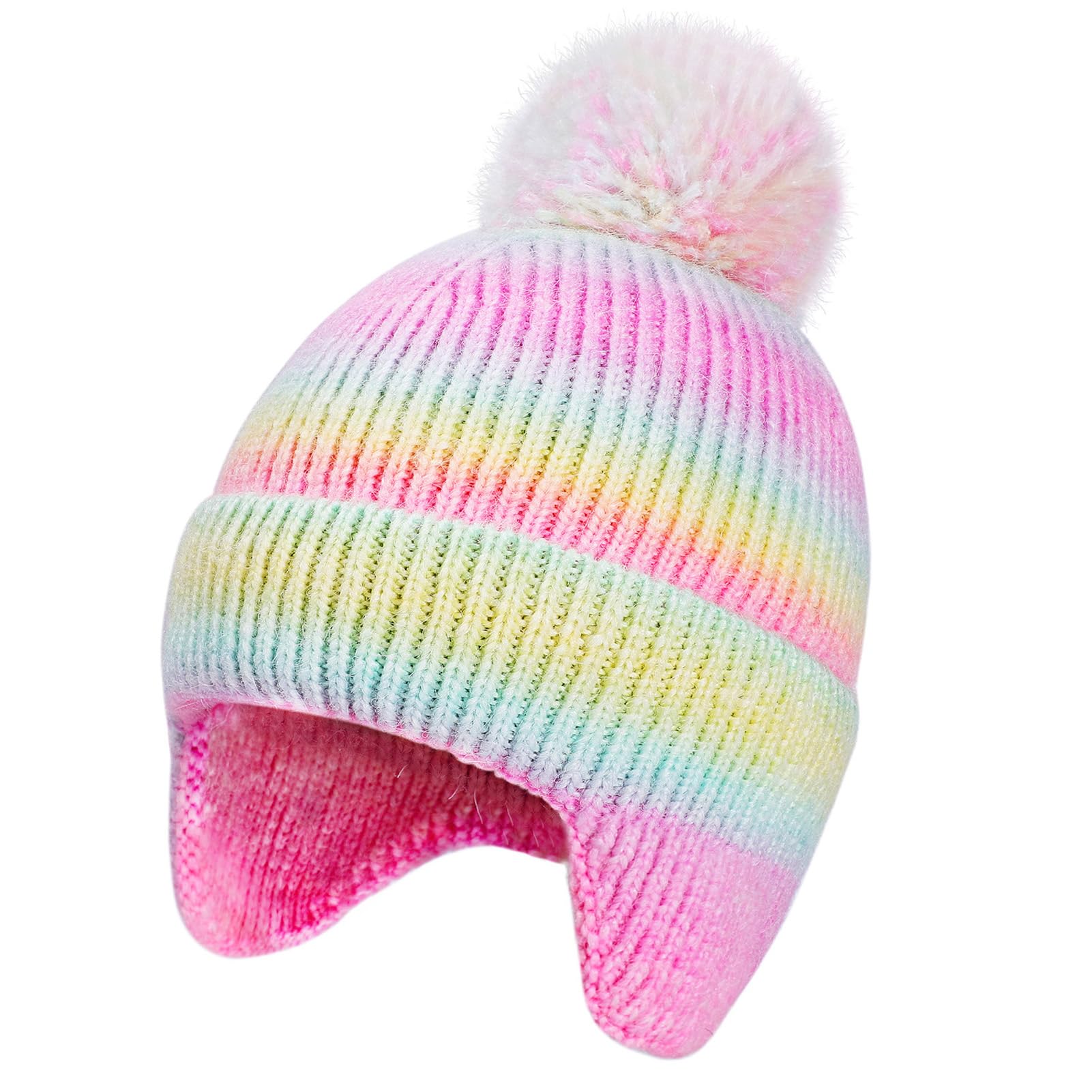 Girls Beanie Hat with Ear Flaps Rainbow Cat Knit Hats Toddler Kids Winter Outdoor Skull Snow Ski Cap Age 2-10