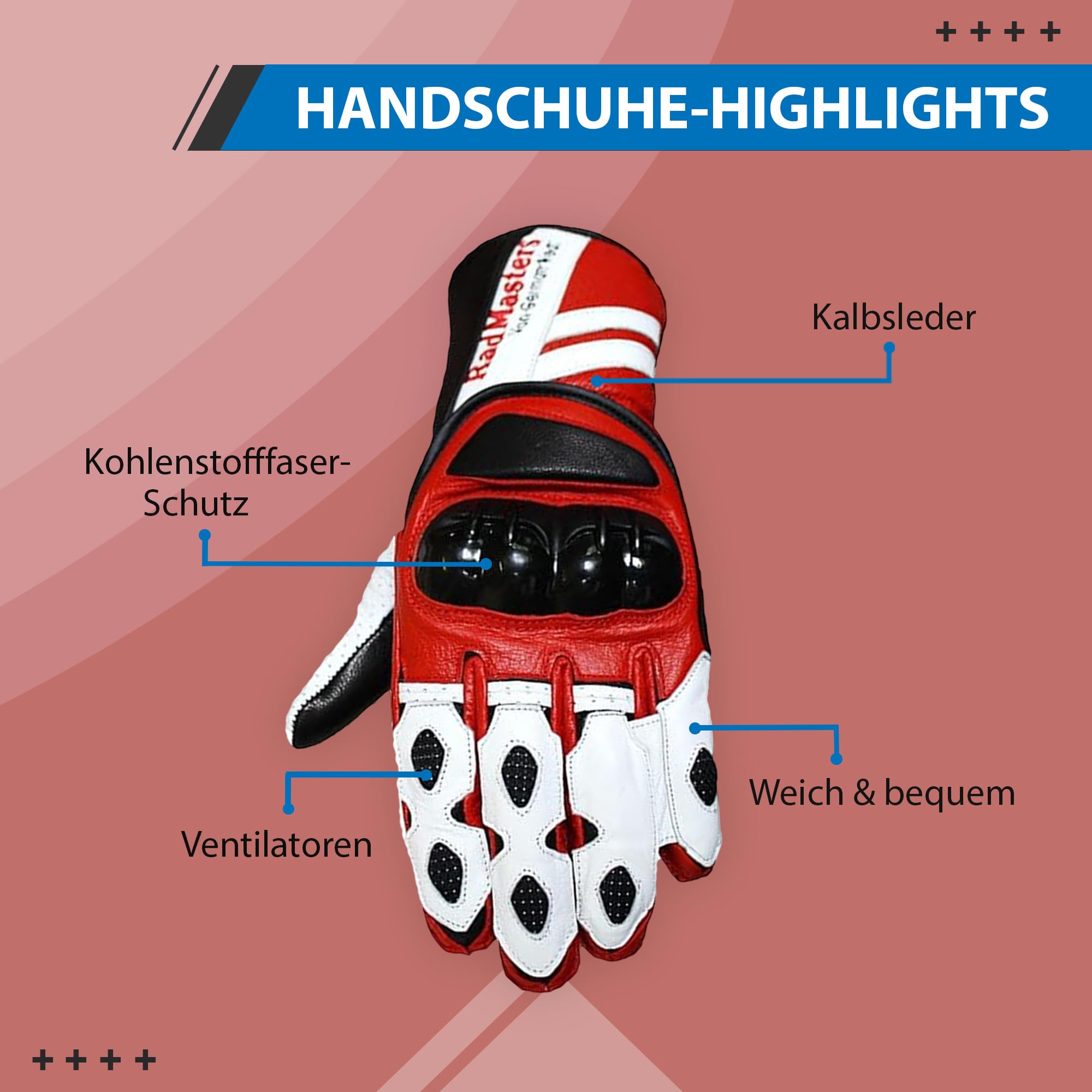 German Wear Motorradhandschuhe aus Kalbsleder, Biker Handschuhe mit Knöchelprotektor, Wildleder-Handfläche & verstellbarem Klettverschluss für Motorrad, Motocross & Outdoor