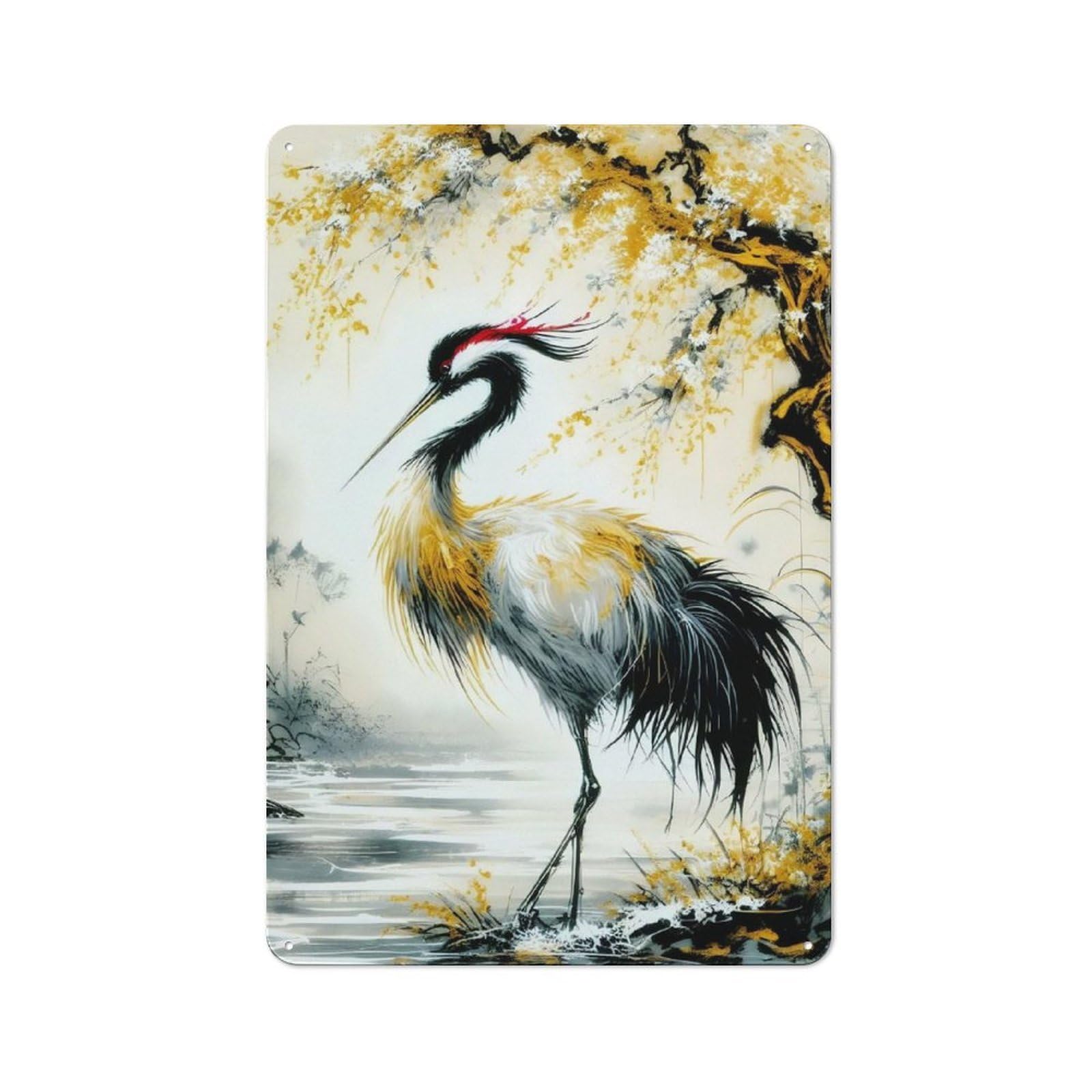 Junmoney Crane In Watercolors Farmhouse Metal Sign With Design 30X20cm, Rustic Farmhouse Wall Decor For Farmhouse Kitchen, Pantry Or Dining Area