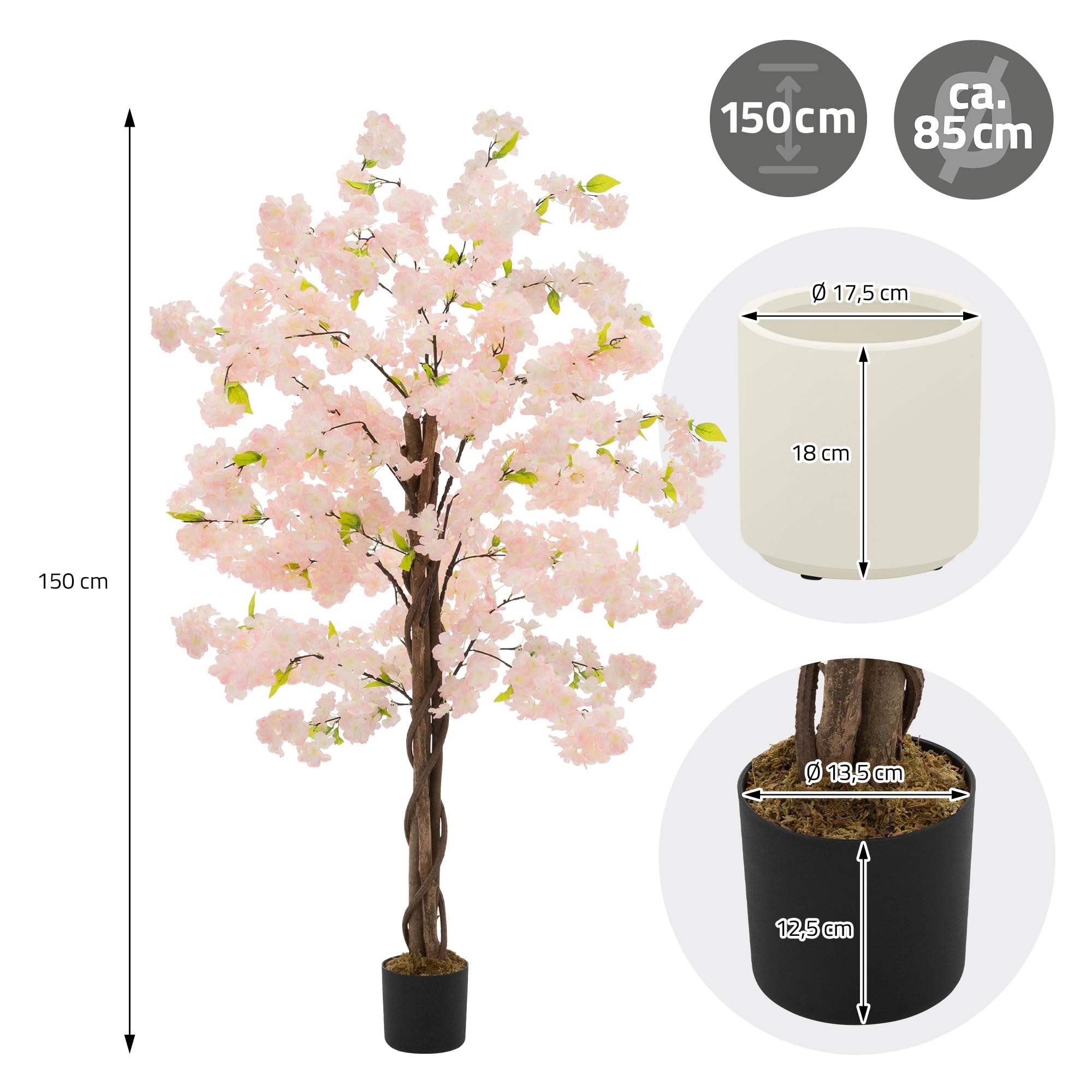 ML-Design Künstlicher Kirschblütenbaum 150 cm Rosa, Kunstpflanze Kirschbaum groß für Drinnen & Draußen, Deko Kunstbaum echt mit Naturholzstamm im Topf, Pflegeleichte Künstliche Pflanzen für Wohnzimmer