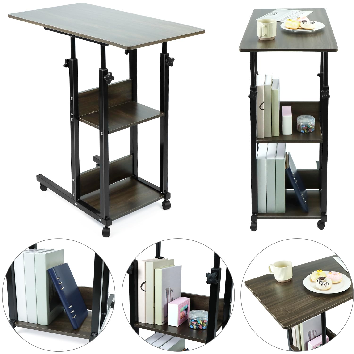 QWORK Mesa auxiliar, 80 x 40 cm, escritorio con ruedas, mesa ajustable en altura, mesa de sofá, para dormitorio o salón