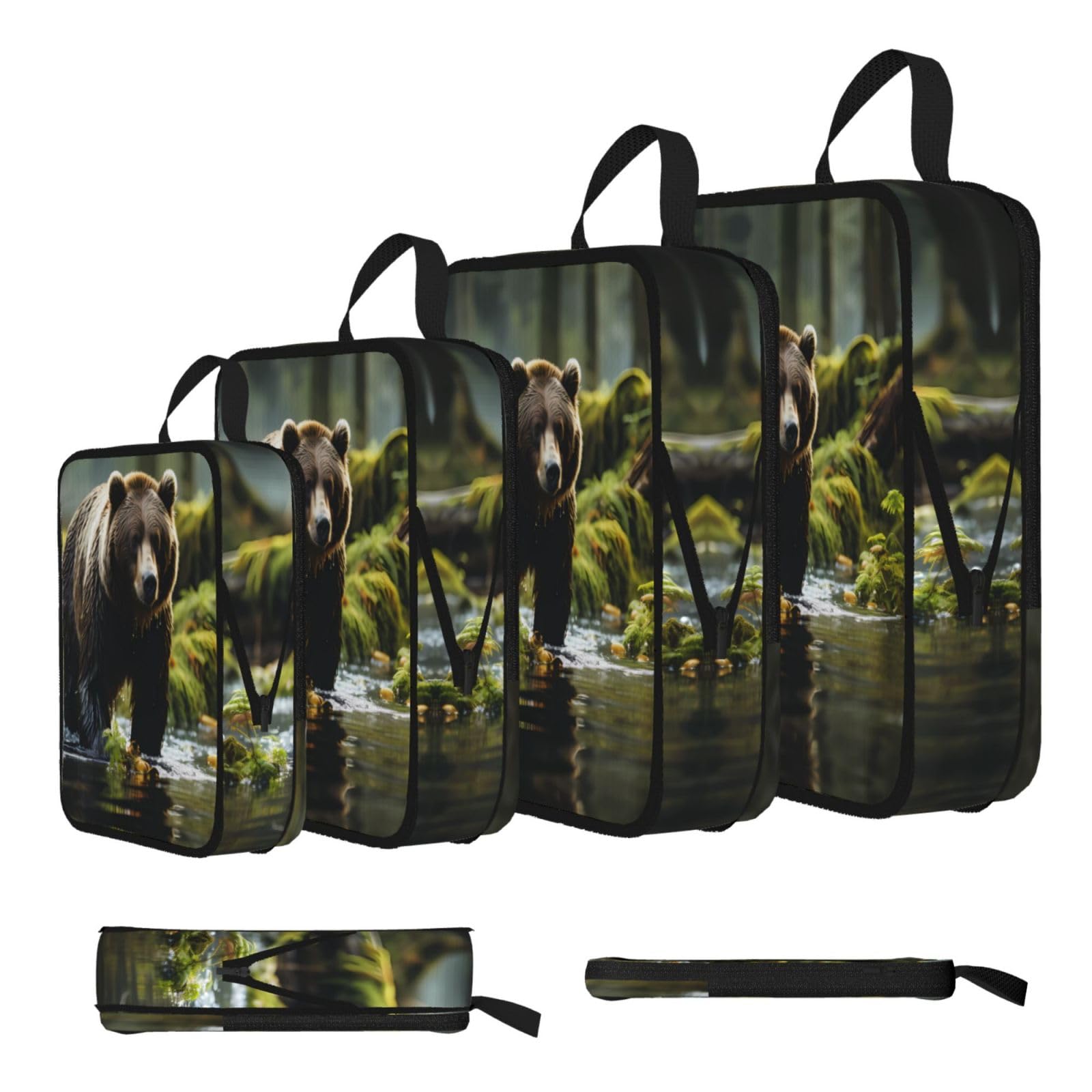 Sxzvvbn Black Brown Bear Pounce Compression Packing Cubes 4 Piece Set