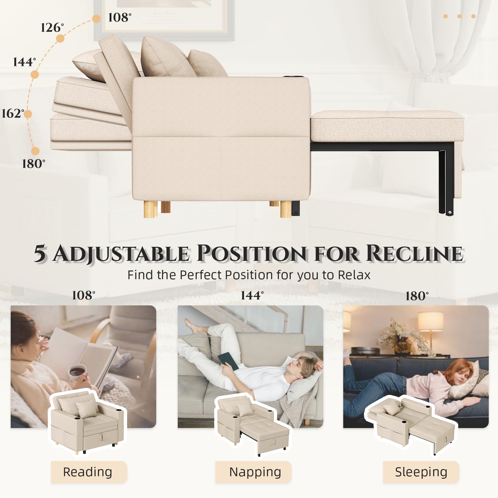 YODOLLA Schlafsofa, 93cm Extrabreit Schlafsessel mit Bettfunktion, Verstellbarer Rückenlehne, Getränkehalter, 3-in-1 Schlafcouch Einzelsessel mit Bettkasten&Schlaffunktion für Wohnzimmer, Beige